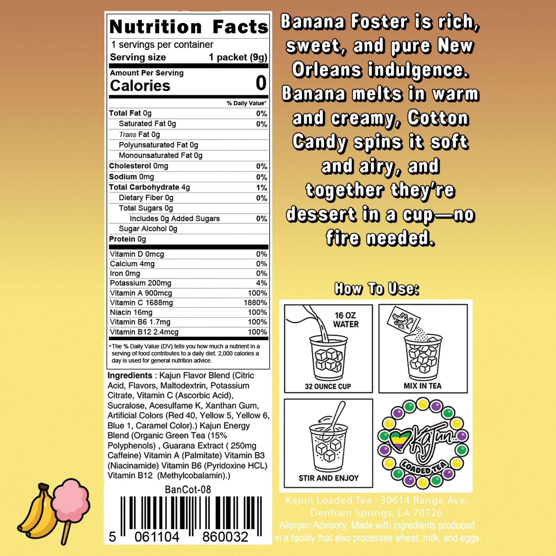 Nutrition Facts label and Product description on a yellow background.