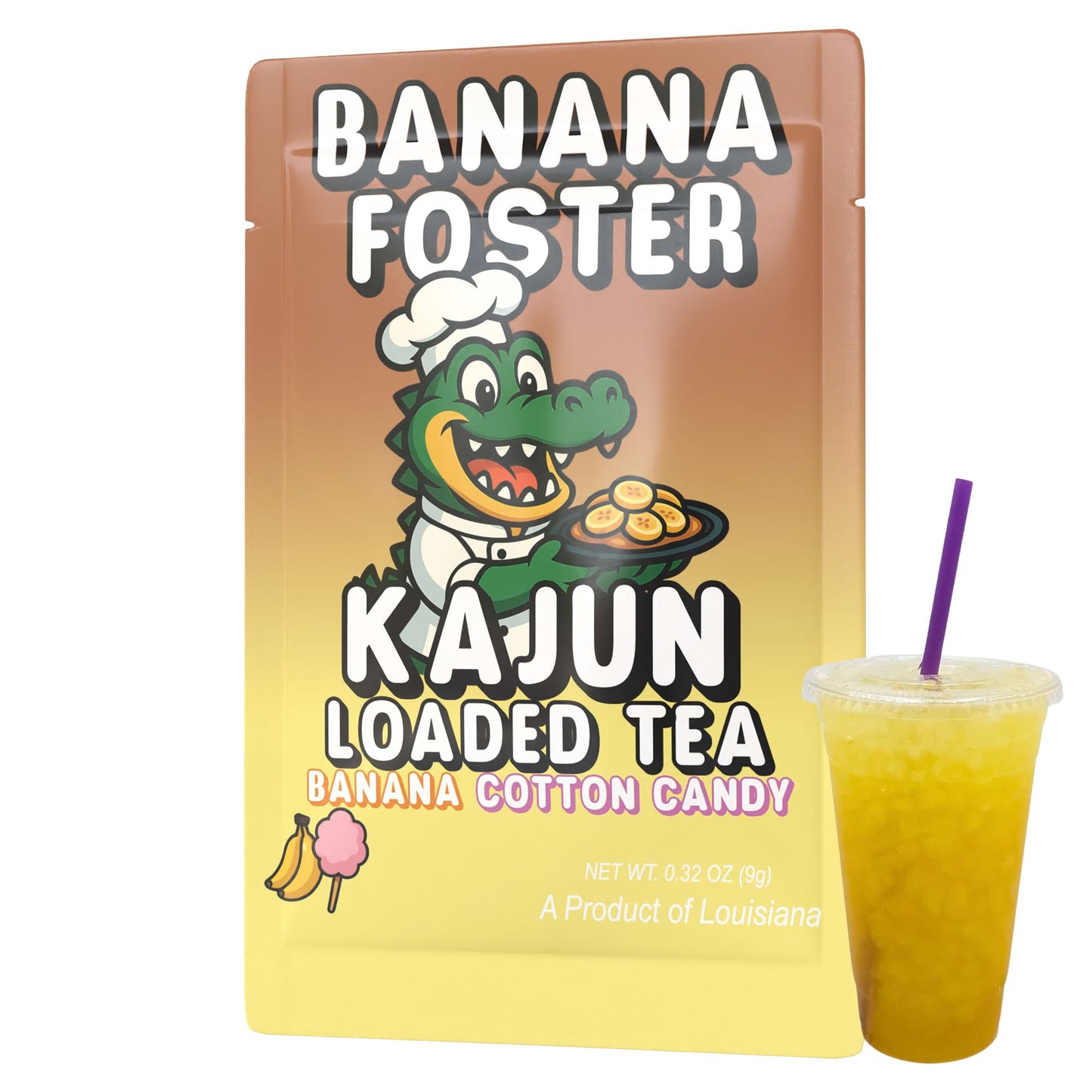 Banana Foster Kajun Loaded Tea Package with a cartoon alligator and a cup of tea. Flavors listed are Banana and Cotton Candy.