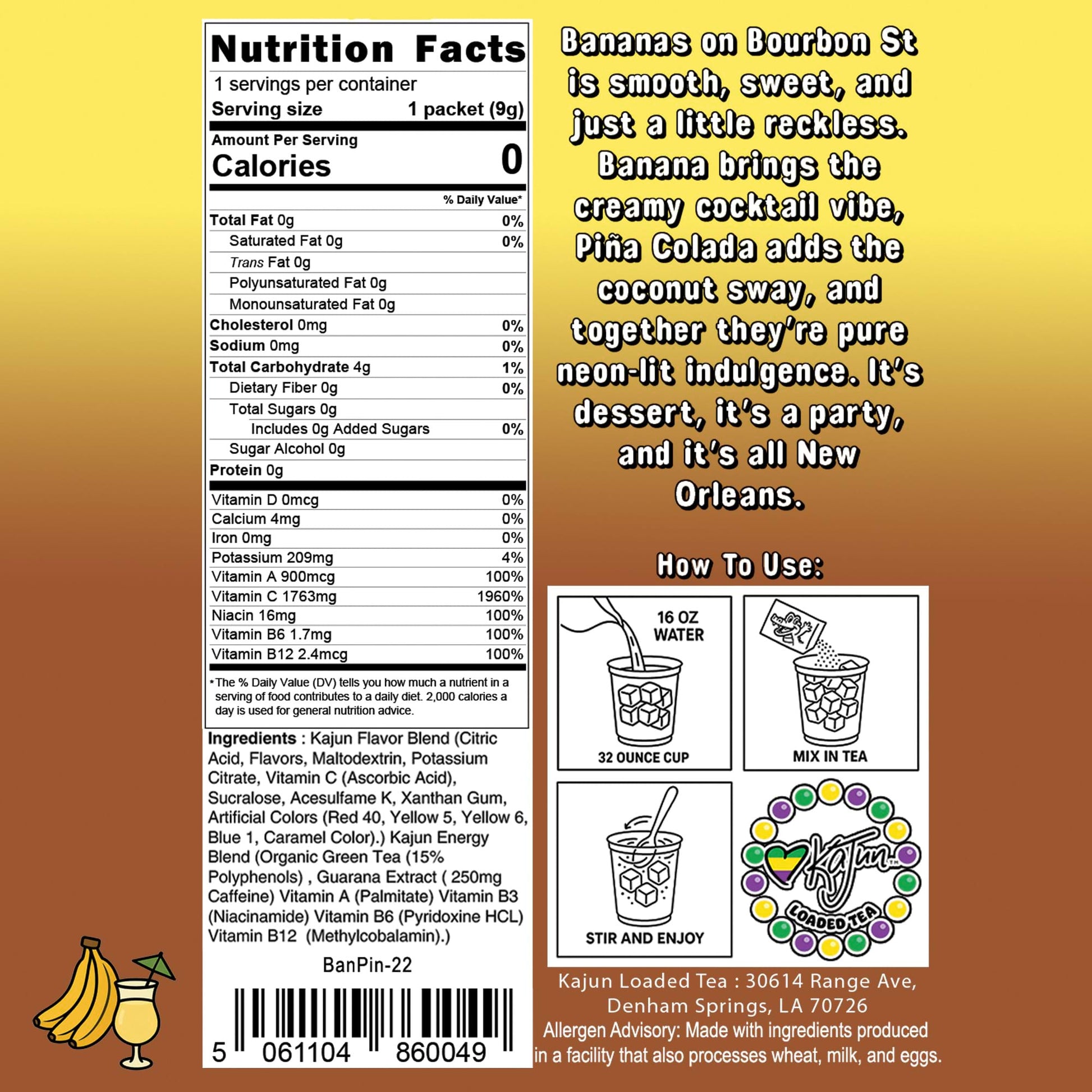 Detailed product shot of the Kajun Loaded Tea packet, focusing on the Nutrition Facts and usage information. The background is a bright yellow-gold, fading to brown.