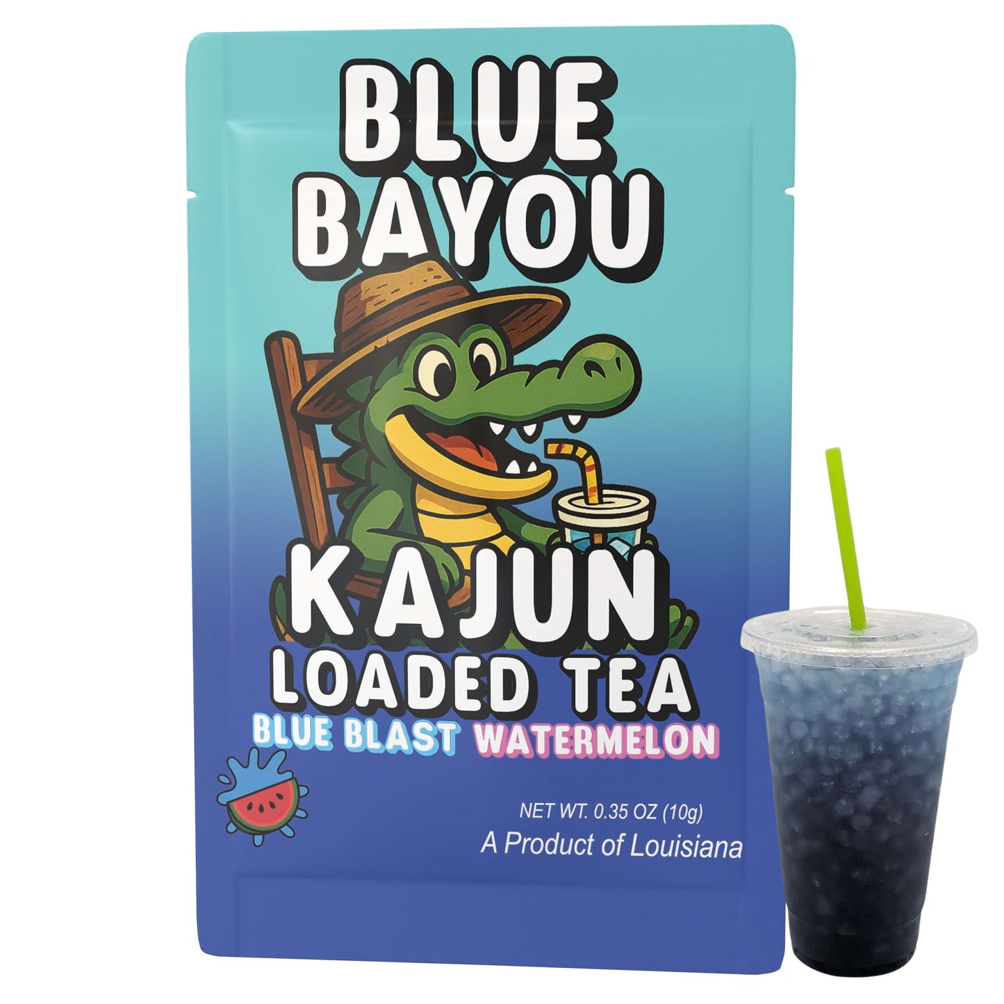Image of a single Blue Bayou packet (featuring the seated alligator mascot) next to a clear cup of the prepared, dark blue loaded tea.