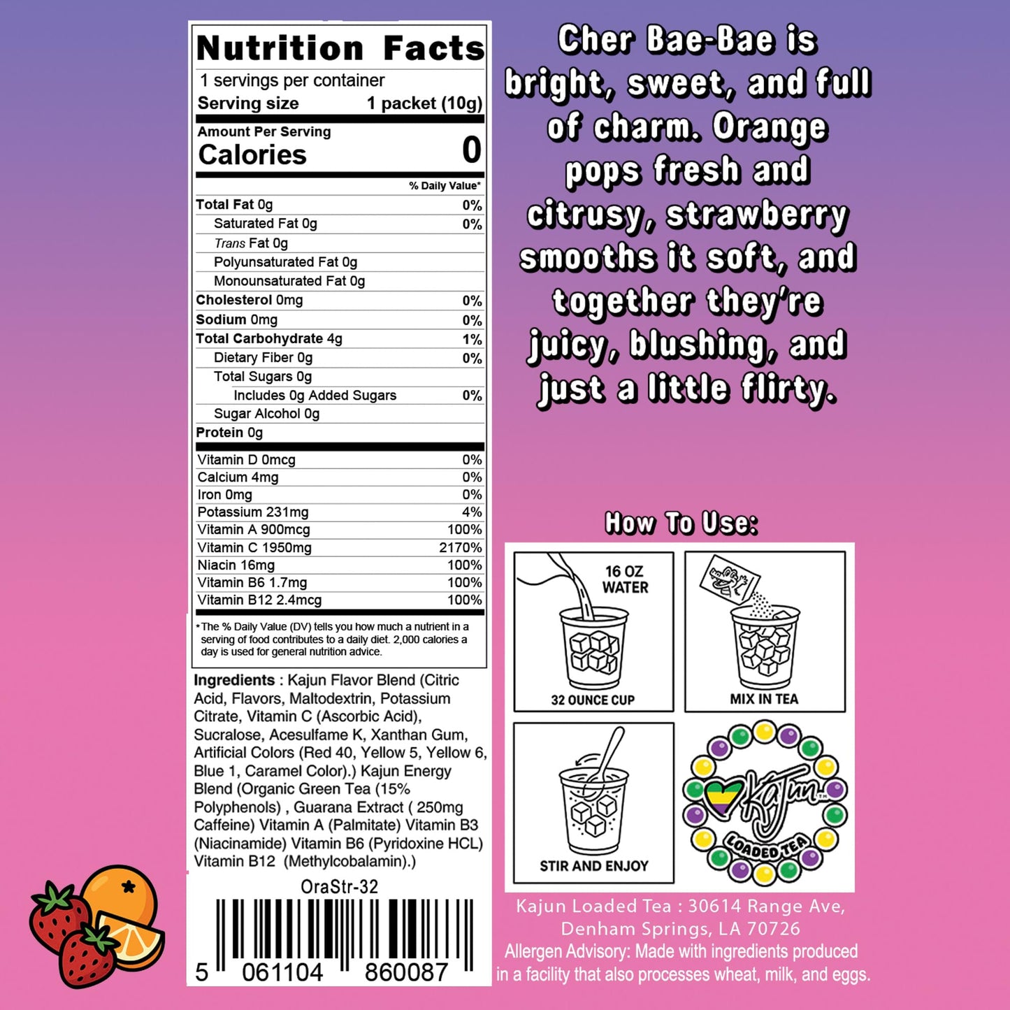 This image displays the product Nutrition Facts panel, confirming 0 calories, 0 sugar, and a very high vitamin C level (1950mg).