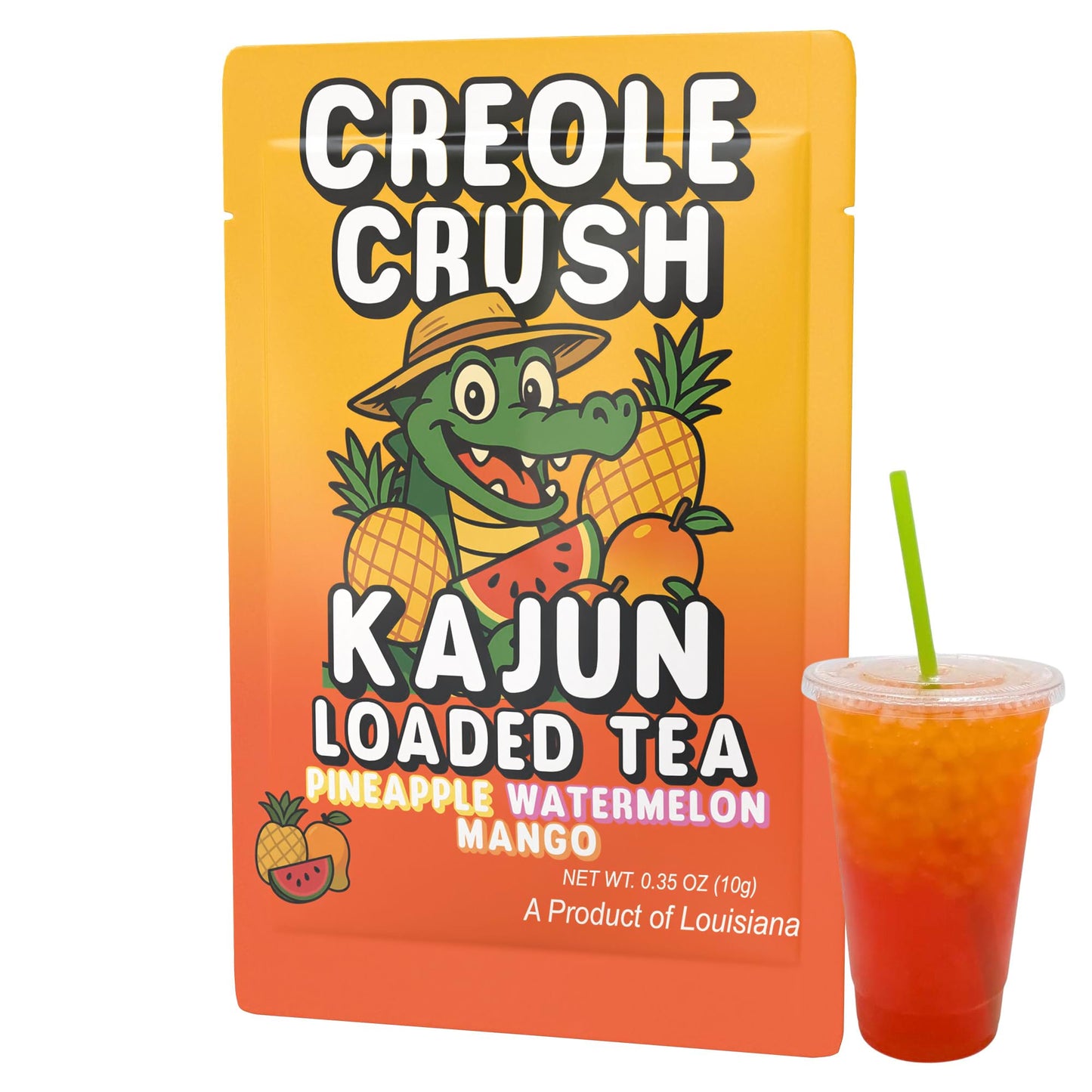 A detailed shot of one Creole Crush packet (featuring the alligator and fruit design) placed next to a clear cup containing the prepared, two-tone red and orange loaded tea.