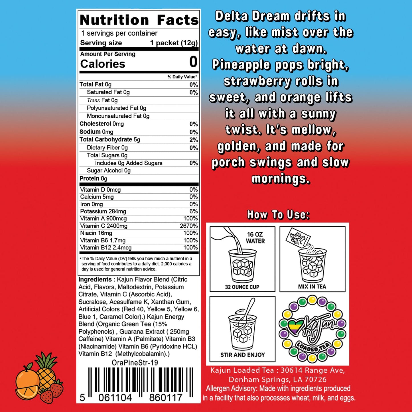 Product Photo showing the Nutrition Facts, with 0 Calories, 0 Sugar, and an exceptional 2400mg Vitamin C content.