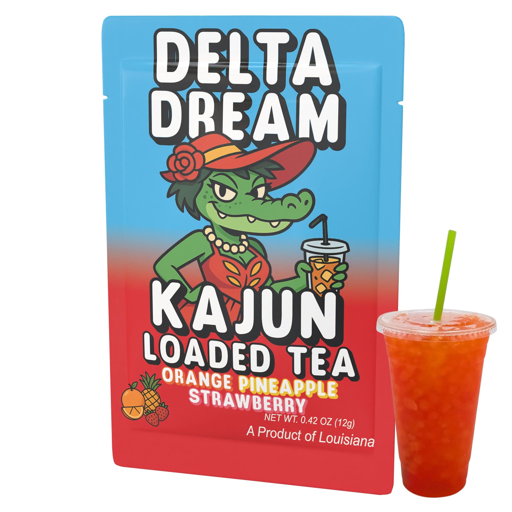 A shot featuring a single Kajun Loaded Tea Delta Dream packet, positioned next to a clear cup of the prepared, red-orange loaded tea.