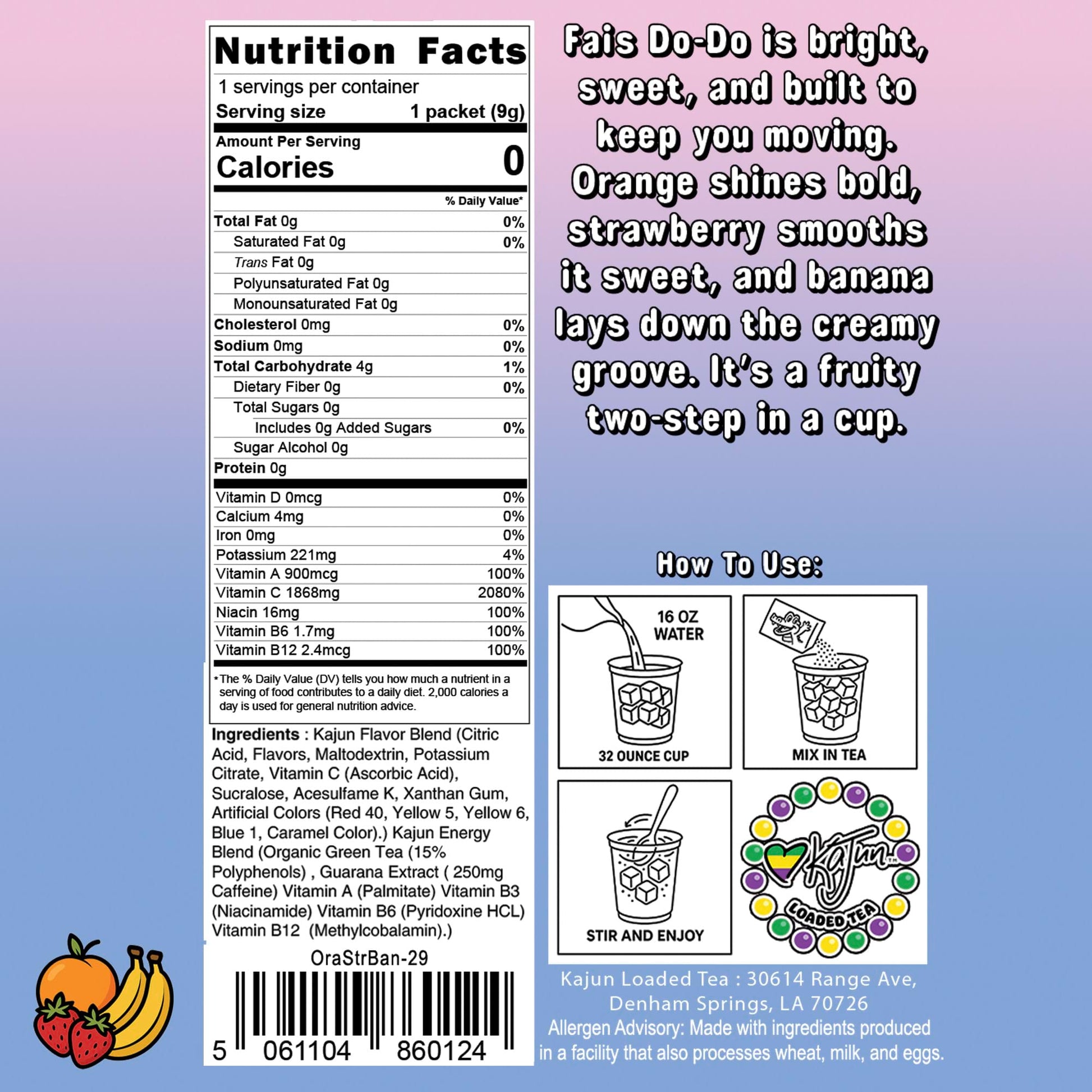 This photo presents the Nutrition Facts panel, indicating 0 Calories, 0 Sugar, and 1868mg Vitamin C.