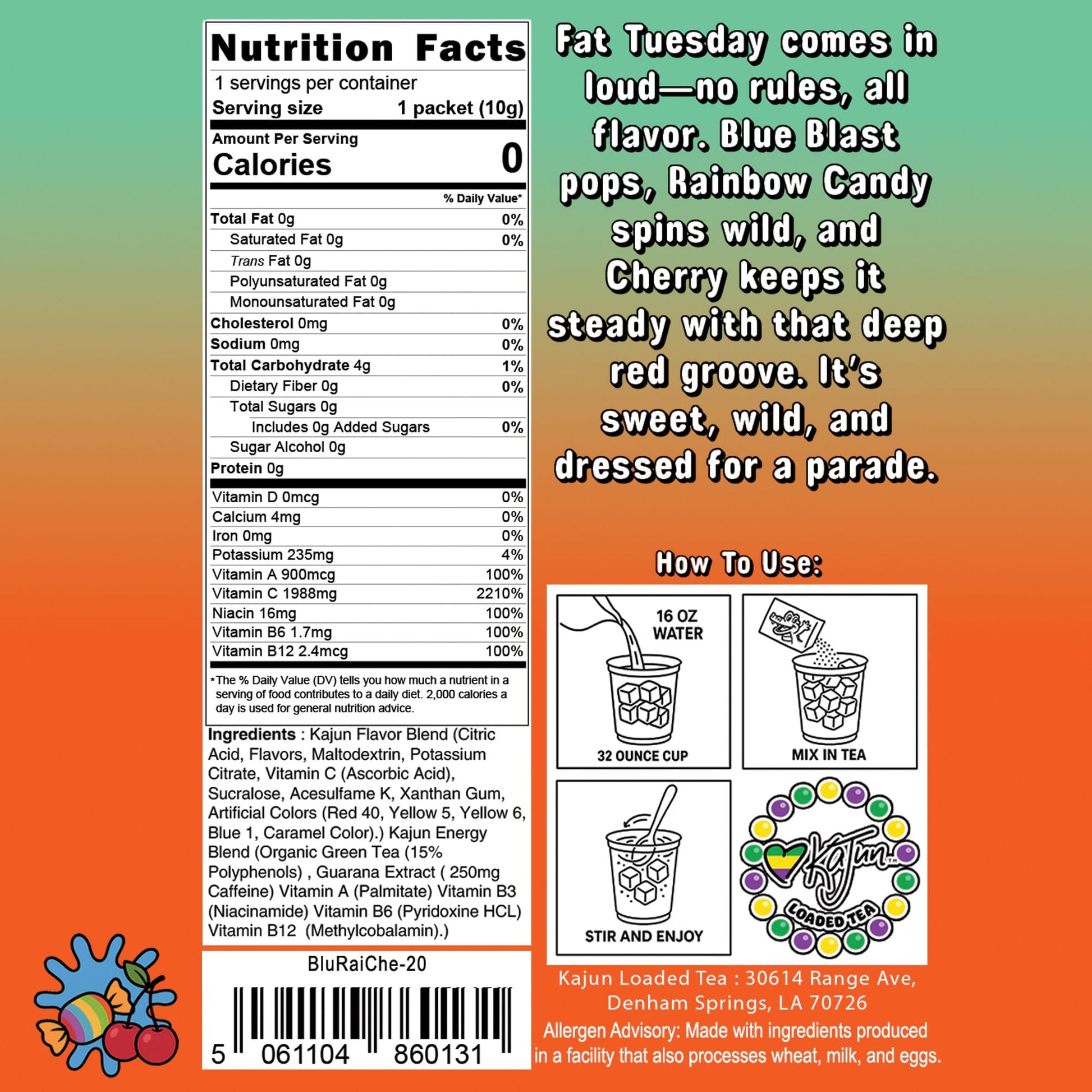 Nutrition Facts panel confirming 0 Calories and 0 Sugar. Shows a high concentration of 1988mg Vitamin C. Flavor text describes the Blue Blast, Rainbow Candy, and Cherry profile, and the bottom section features a four-panel visual guide for mixing the 32oz drink.