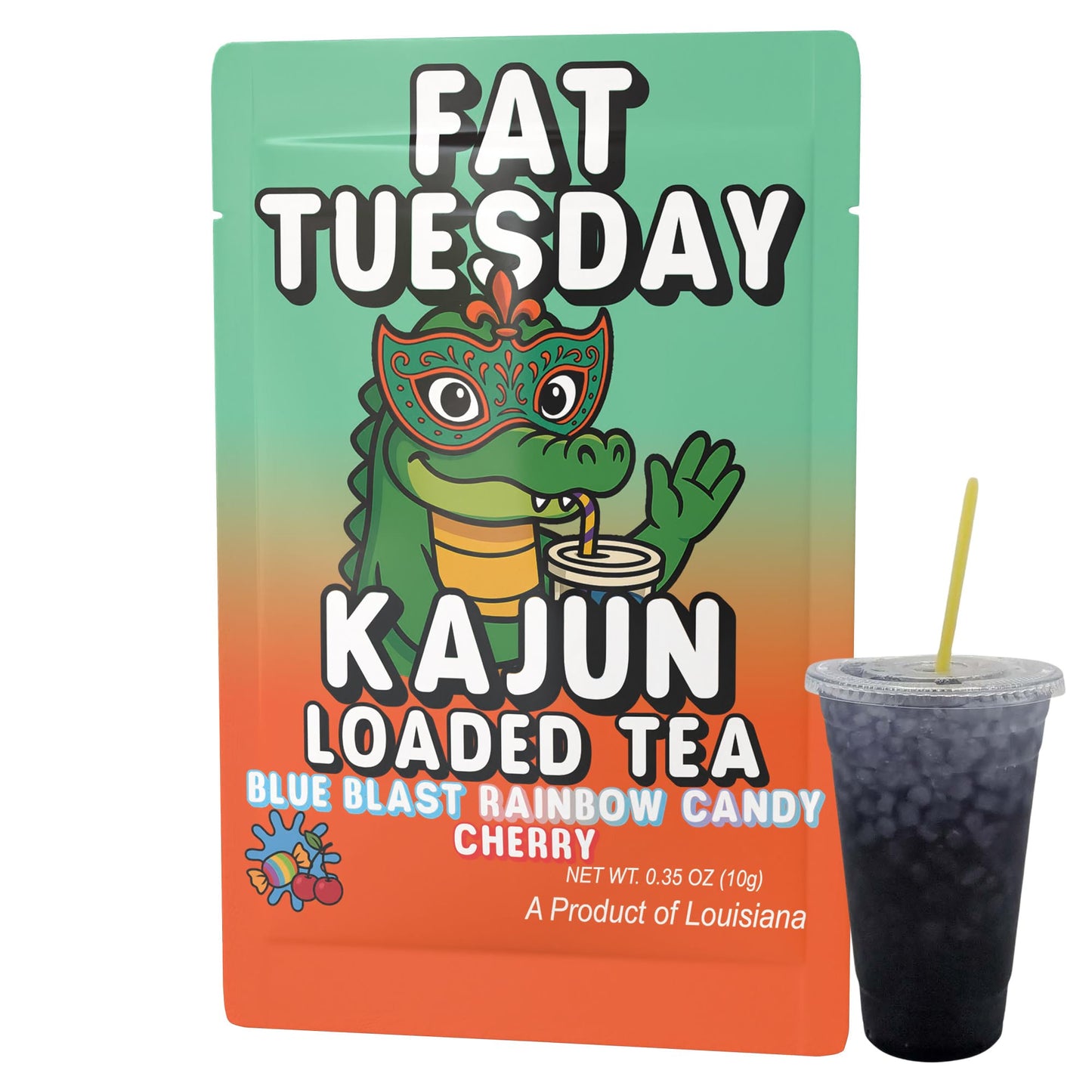 Product Image showcasing a single Fat Tuesday Kajun Loaded Tea packet placed right next to a clear cup of the prepared, dark-blue loaded tea.