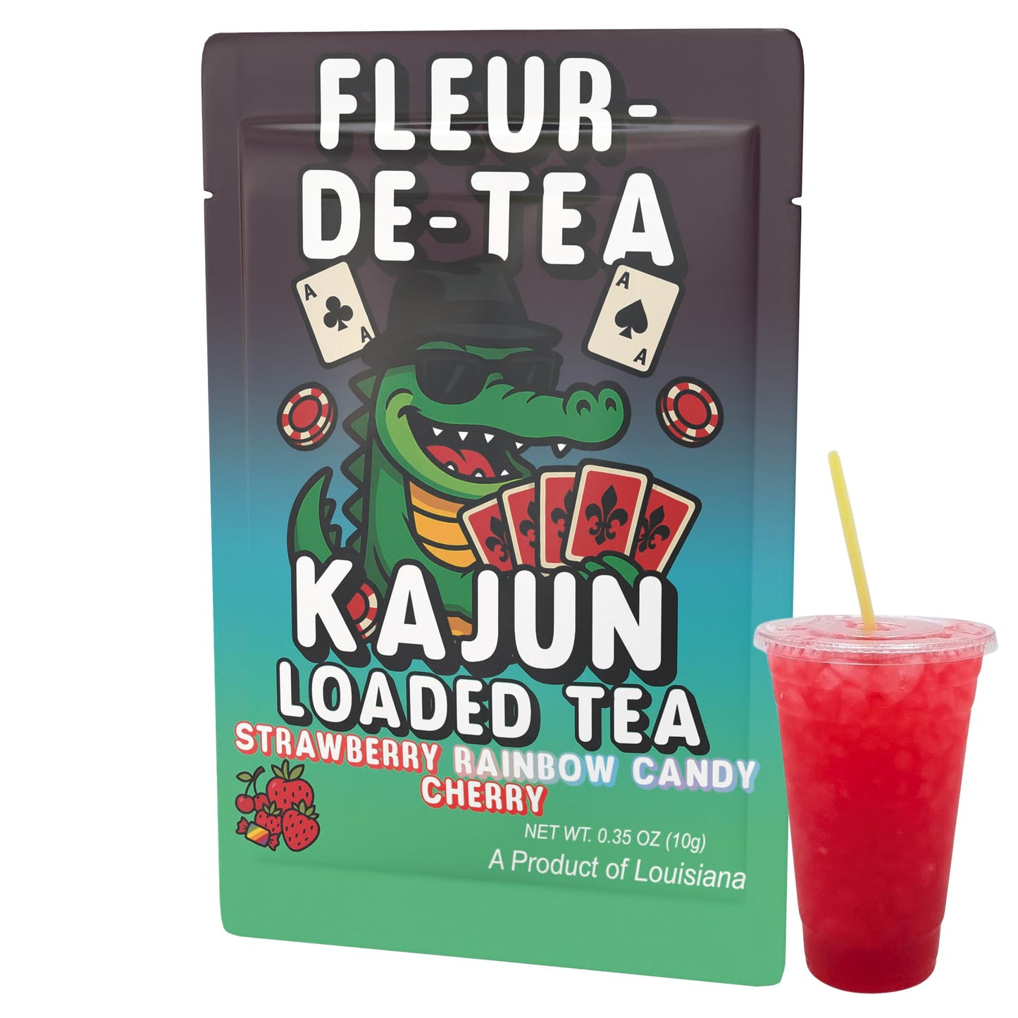 A product image showcasing the single Fleur-De-Tea packet (alligator with cards) placed next to a clear cup of the prepared, vibrant red-colored loaded tea.