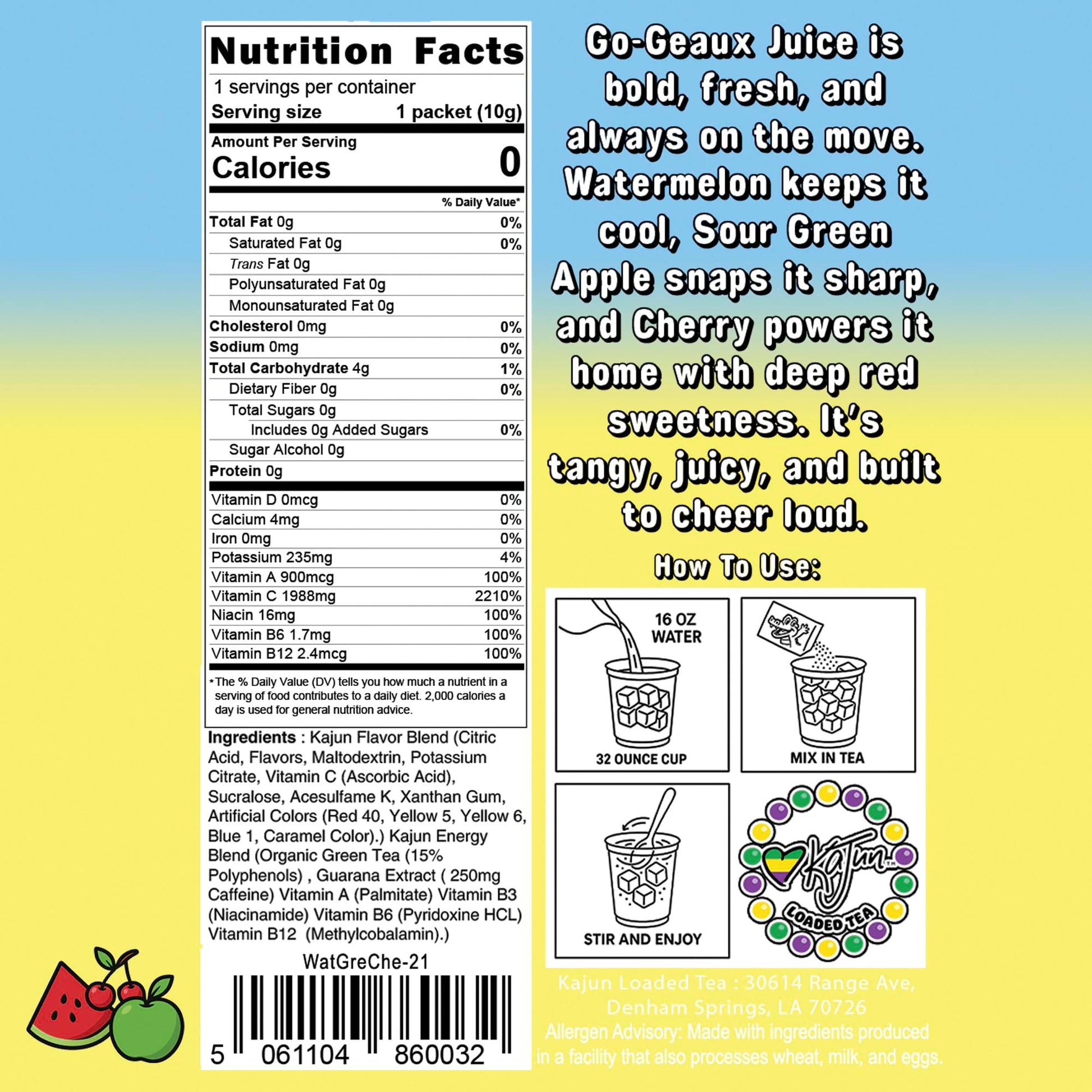 Nutrition Facts panel showing 0 Calories, 0 Sugar, and 1988mg Vitamin C.
