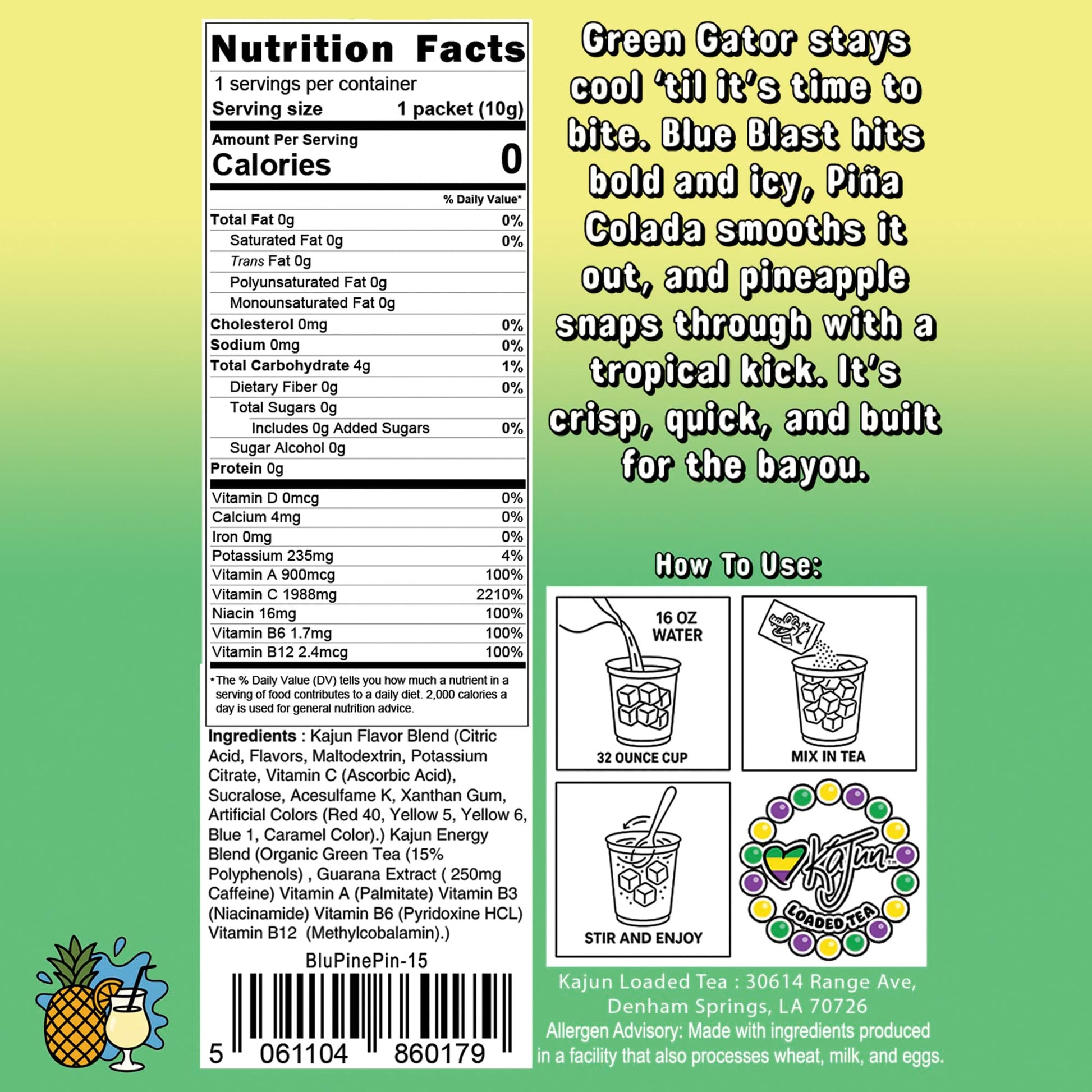 Nutrition Facts panel confirming 0 Calories, 0 Sugar, and 1988mg Vitamin C.