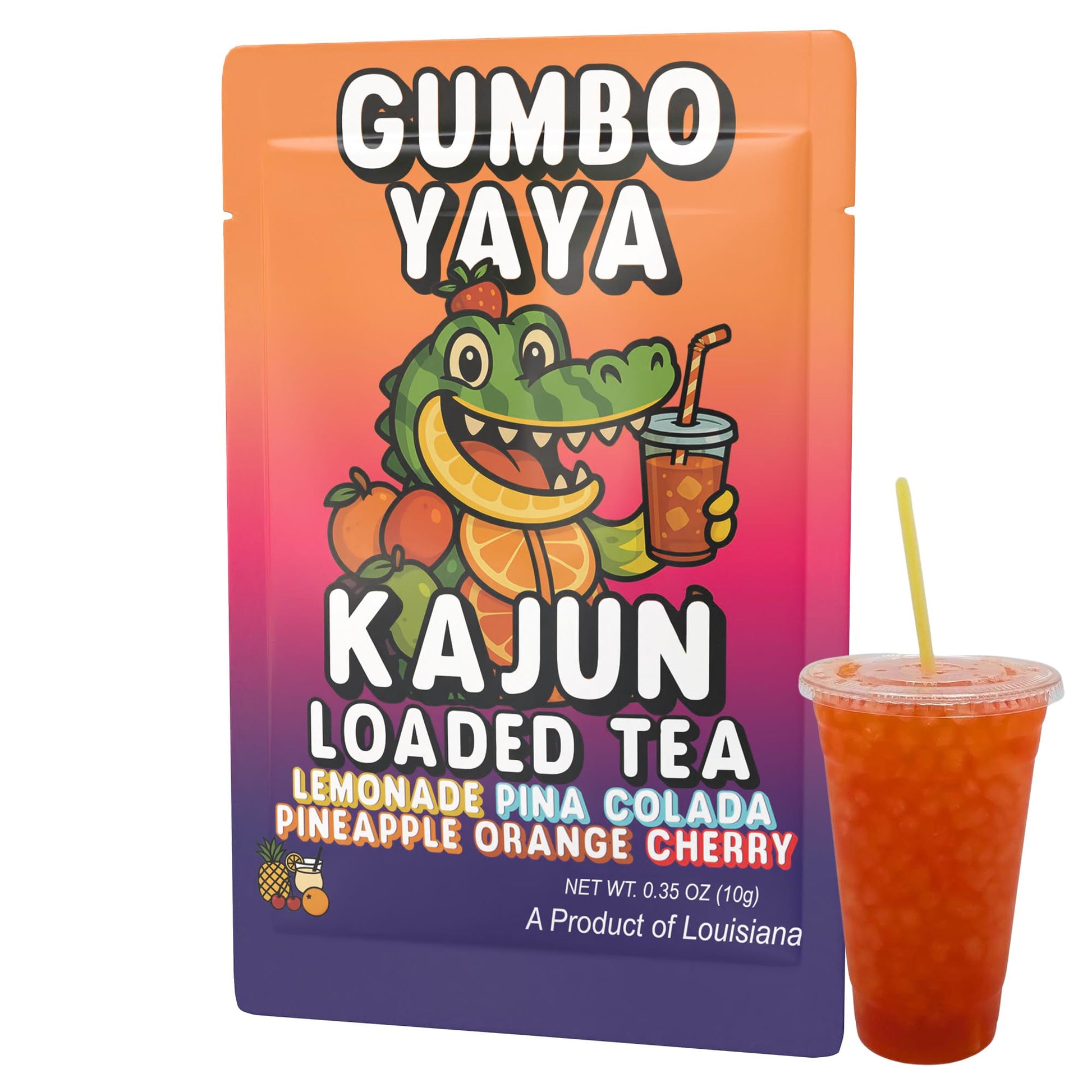 The single Gumbo Yaya packet and a cup of the deep orange loaded tea, showcasing the alligator mascot and the Lemonade Piña Colada Pineapple Orange Cherry flavor.