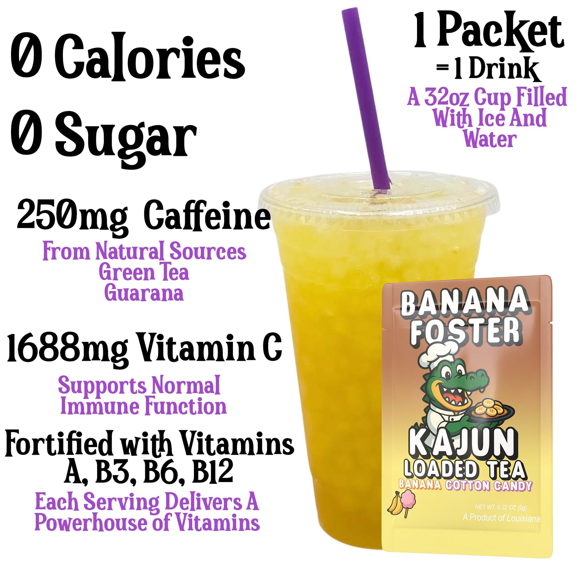 Kajun Loaded Tea Banana Foster Packet with a cup of tea and text about its nutritional benefits.