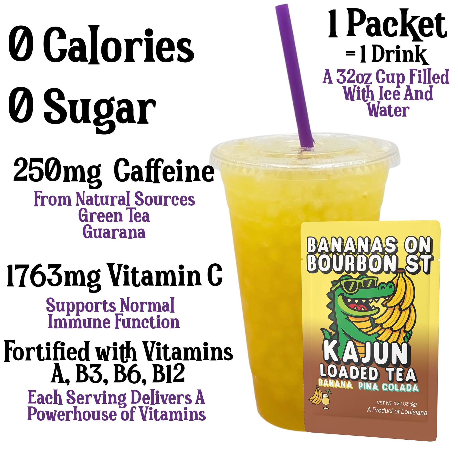 Kajun Loaded Tea Bananas on Bourbon St Packet with a cup of tea and text about its nutritional benefits.
