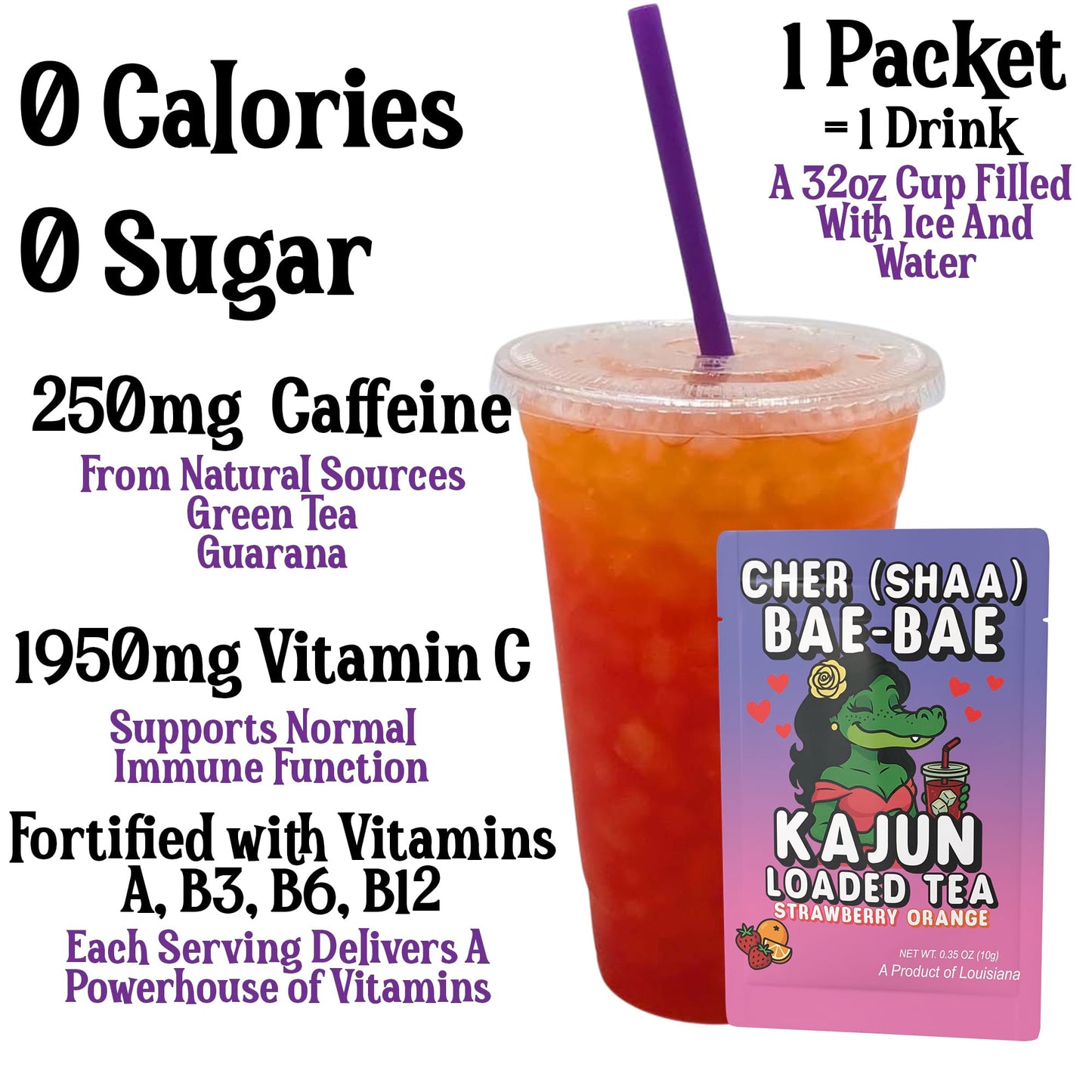 A photo highlighting the key statistics: 0 Calories, 0 Sugar, 250mg Caffeine, and 1950mg Vitamin C. A single packet is shown next to a 32oz cup containing the mixed tea, which shows a vibrant red and orange layered color.