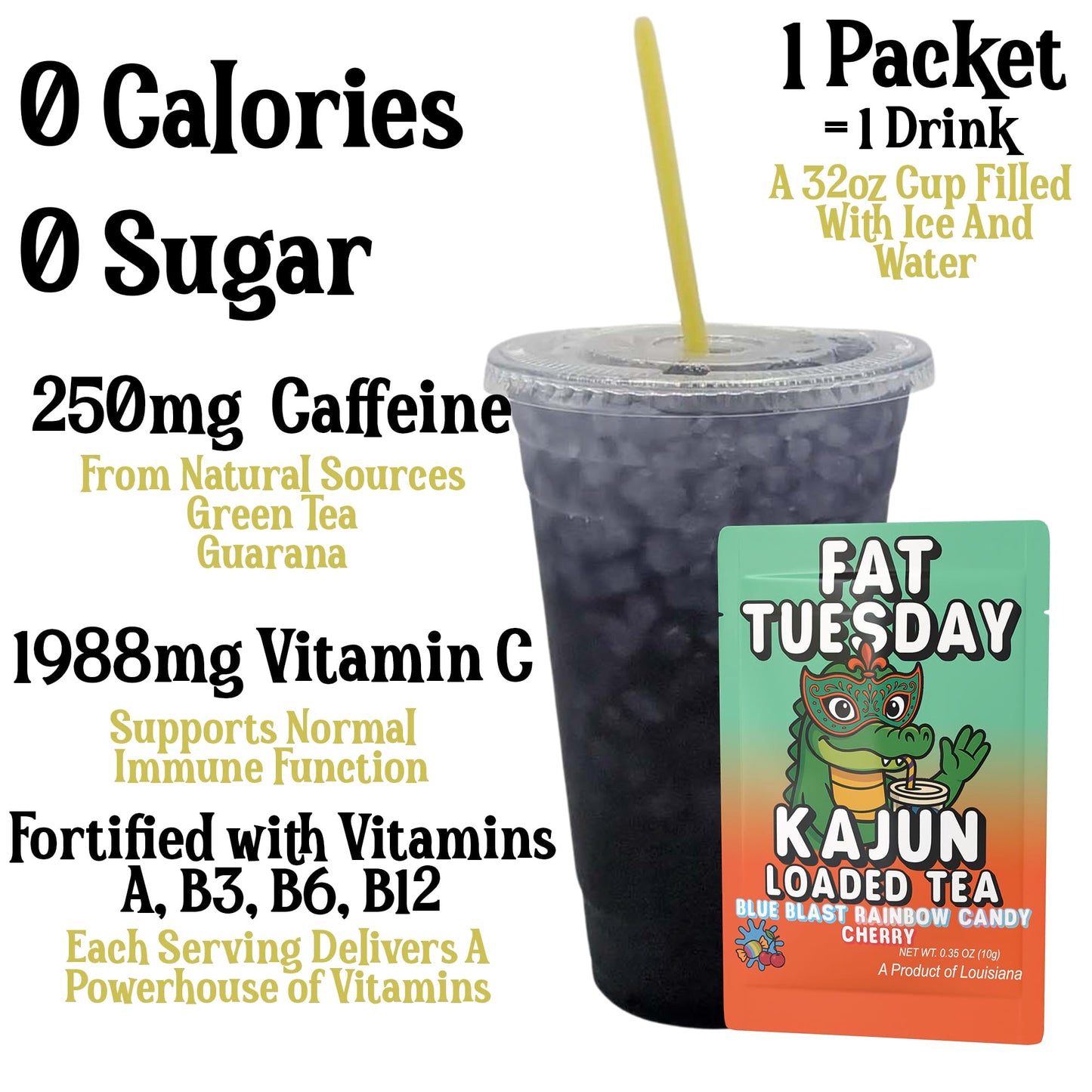 Photo summarizing the product's benefits in large text: Zero Calories, Zero Sugar, 250mg Caffeine, and 1988mg Vitamin C. The stats are framed next to a single packet and a clear cup containing the finished, dark, deep-blue loaded tea.
