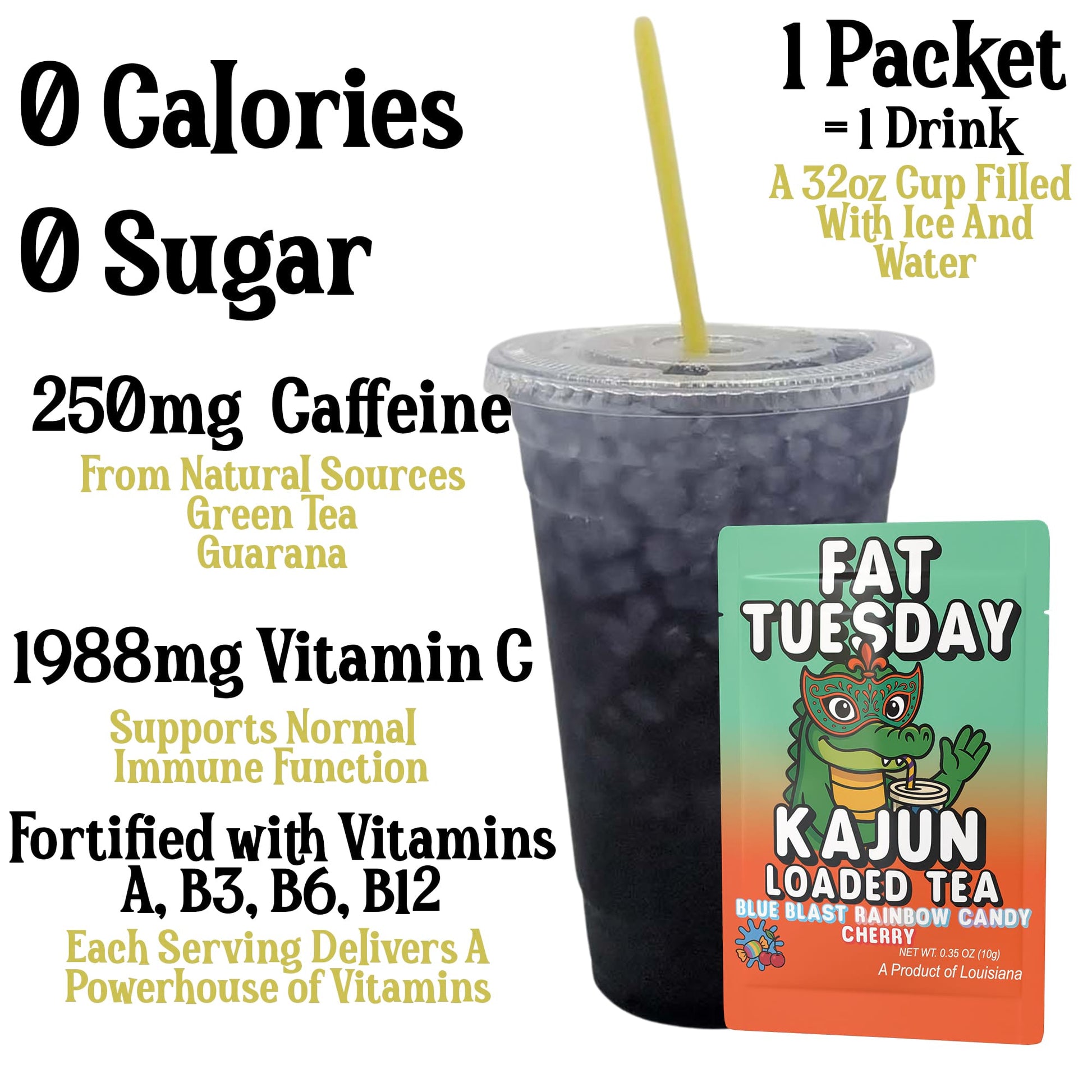 Photo summarizing the product's benefits in large text: Zero Calories, Zero Sugar, 250mg Caffeine, and 1988mg Vitamin C. The stats are framed next to a single packet and a clear cup containing the finished, dark, deep-blue loaded tea.