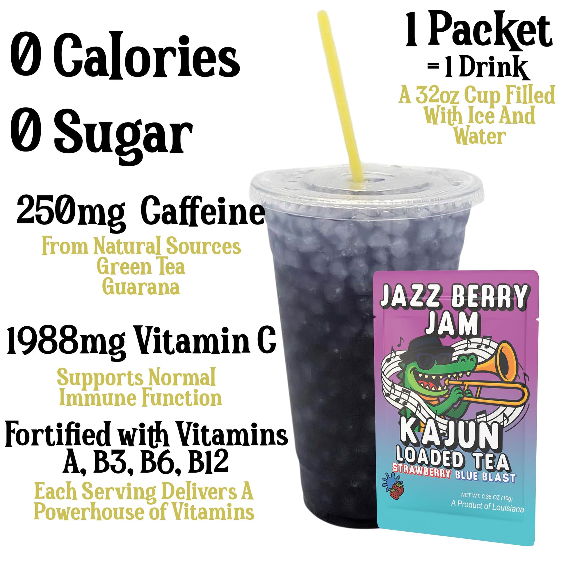 A prepared cup of the dark blue, crushed-ice loaded tea highlights 250mg Caffeine, 0 Calories, 0 Sugar, and 1988mg Vitamin C next to a single packet.