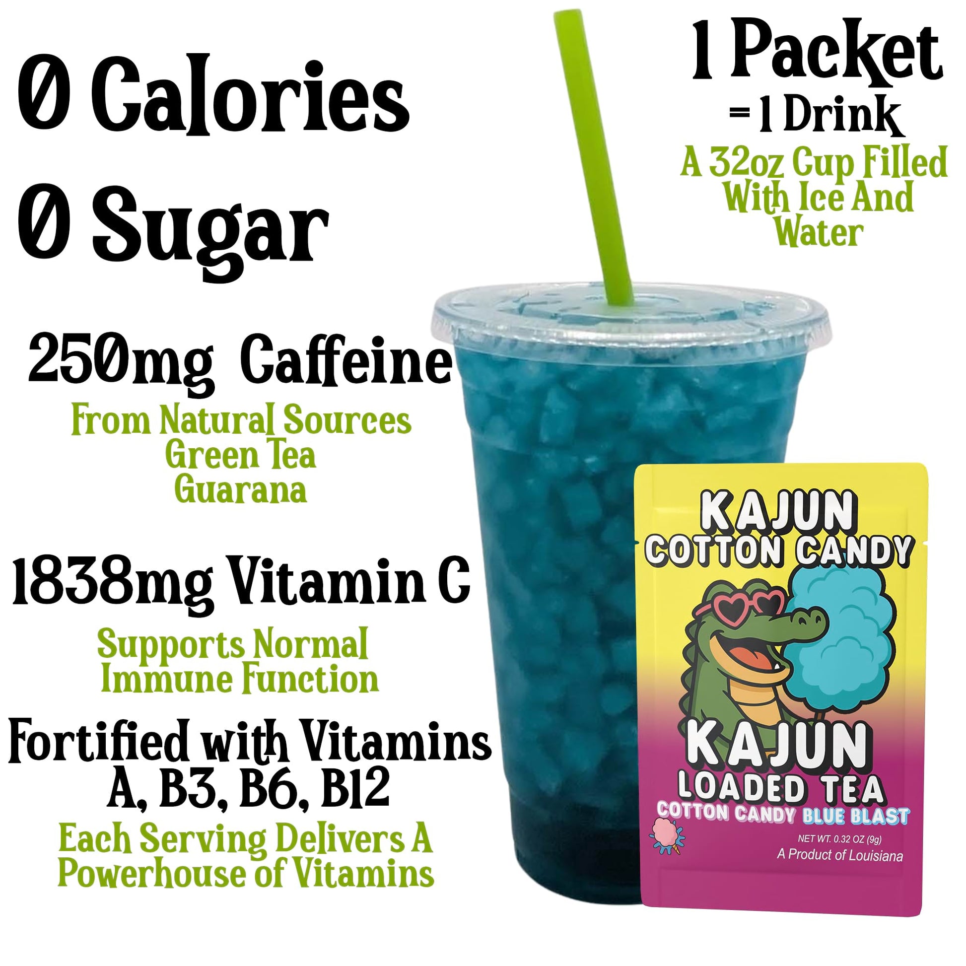 Kajun Cotton Candy Loaded Tea packaging with nutritional information and a blue drink.