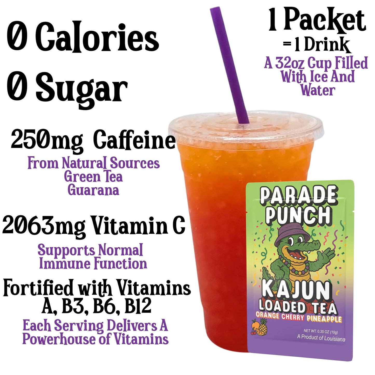 A prepared cup of the layered red and orange loaded tea highlighting 250mg Caffeine, 0 Calories, 0 Sugar, and 2063mg Vitamin C next to a single packet.