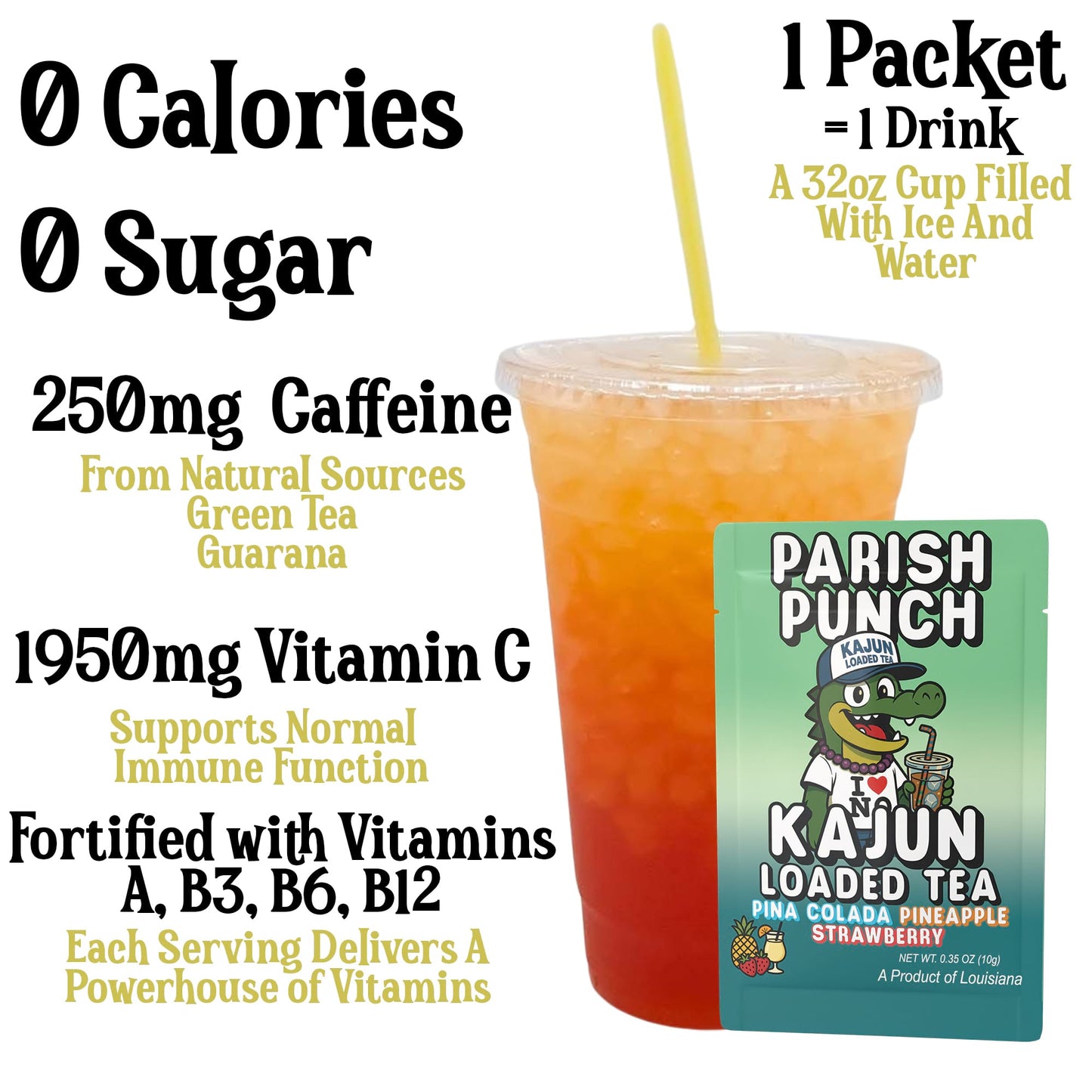 A prepared cup of the layered red and orange loaded tea highlighting 250mg Caffeine, 0 Calories, 0 Sugar, and 1950mg Vitamin C next to a single packet.