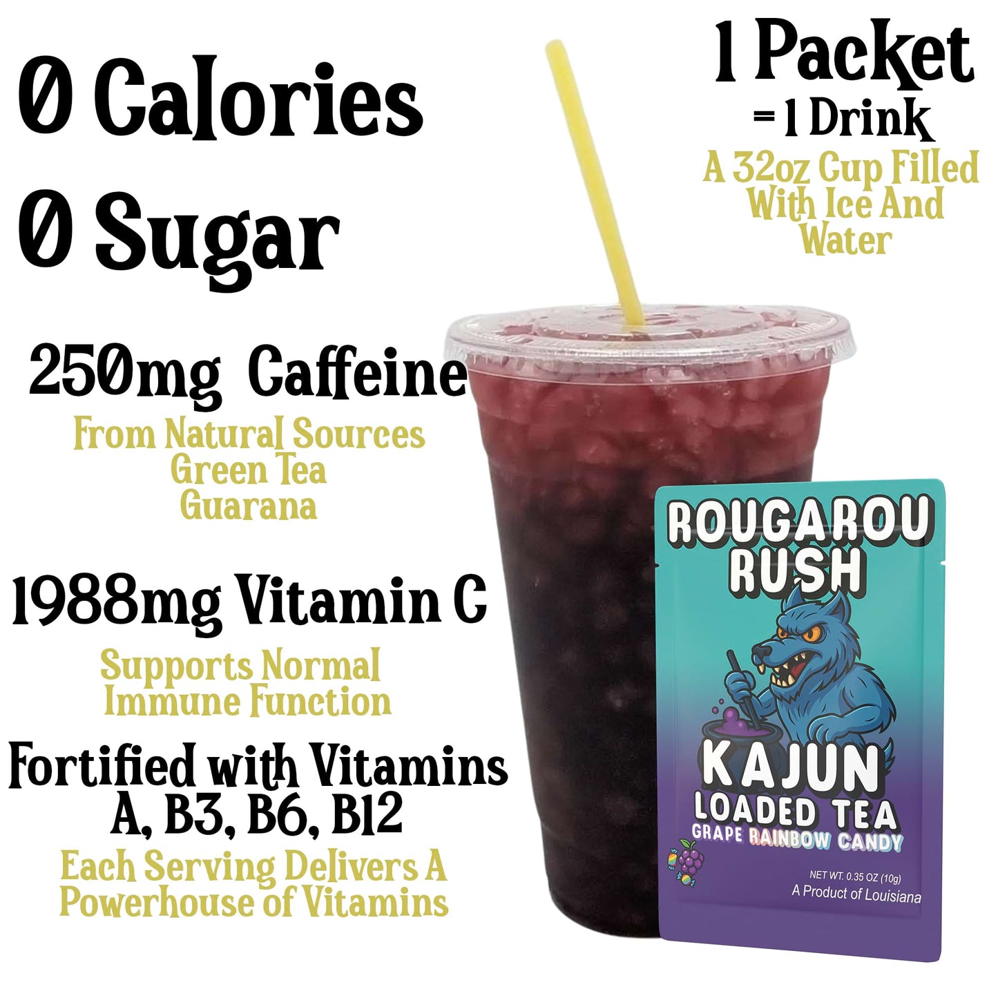 A prepared cup of the dark purple and red layered loaded tea highlighting 250mg Caffeine, 0 Calories, 0 Sugar, and 1988mg Vitamin C next to a single packet.