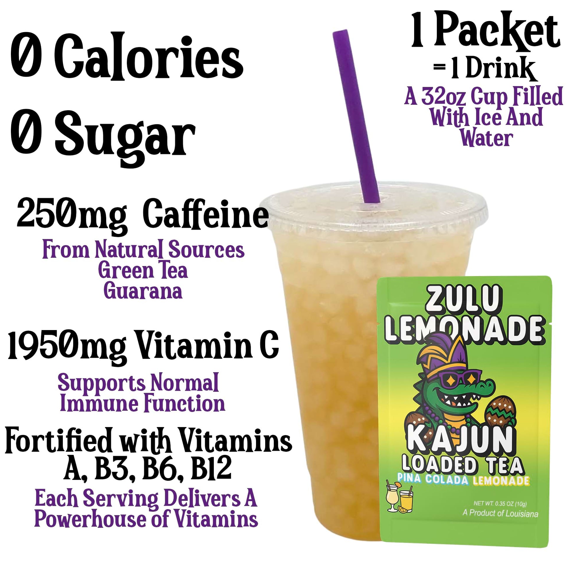 A prepared cup of the light yellow-gold loaded tea highlighting 250mg Caffeine, 0 Calories, 0 Sugar, and 1950mg Vitamin C next to a single packet.