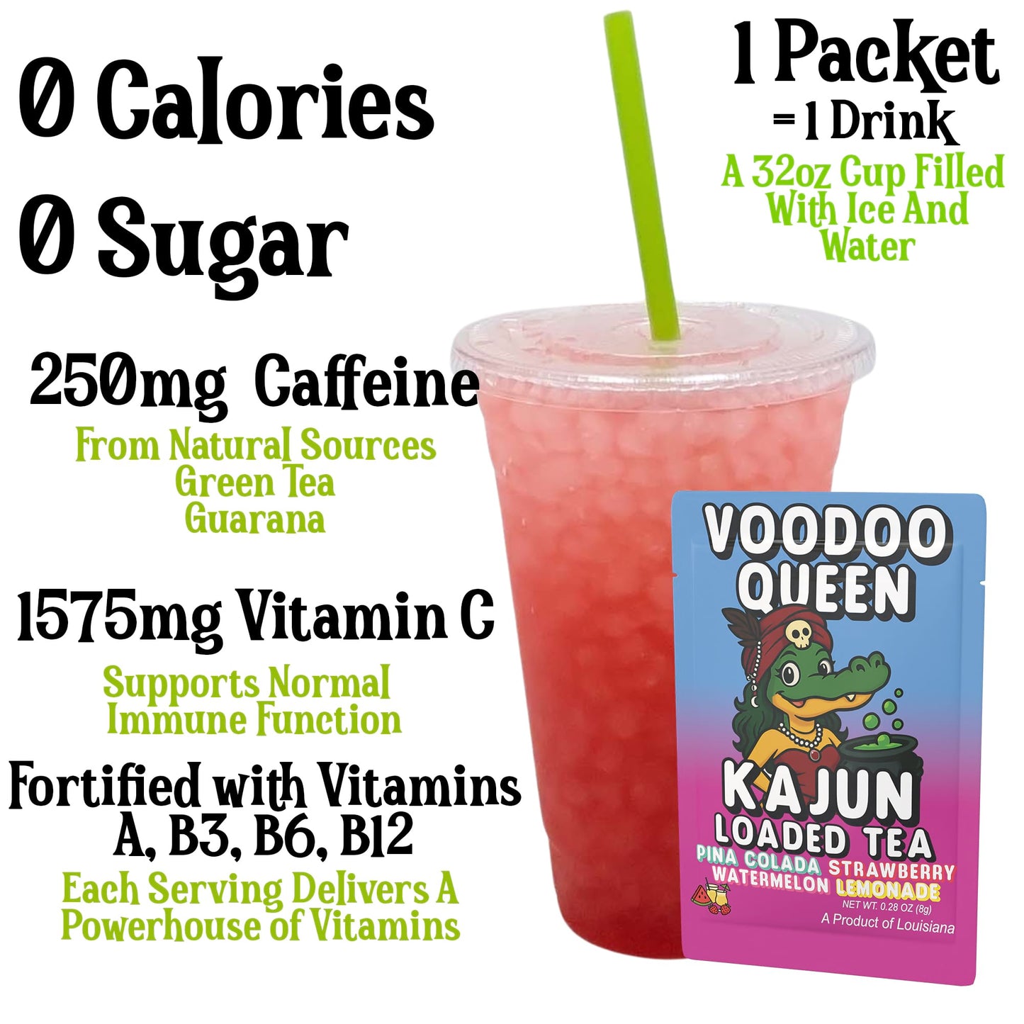 A prepared cup of the bright pink, crushed-ice loaded tea highlighting 250mg Caffeine, 0 Calories, 0 Sugar, and 1575mg Vitamin C next to a single packet.