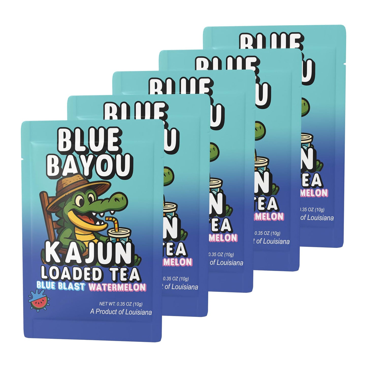 A product image displaying a fanned-out five-pack of Blue Bayou packets. The front packet shows the alligator mascot with a straw hat and the Blue Blast Watermelon flavor.