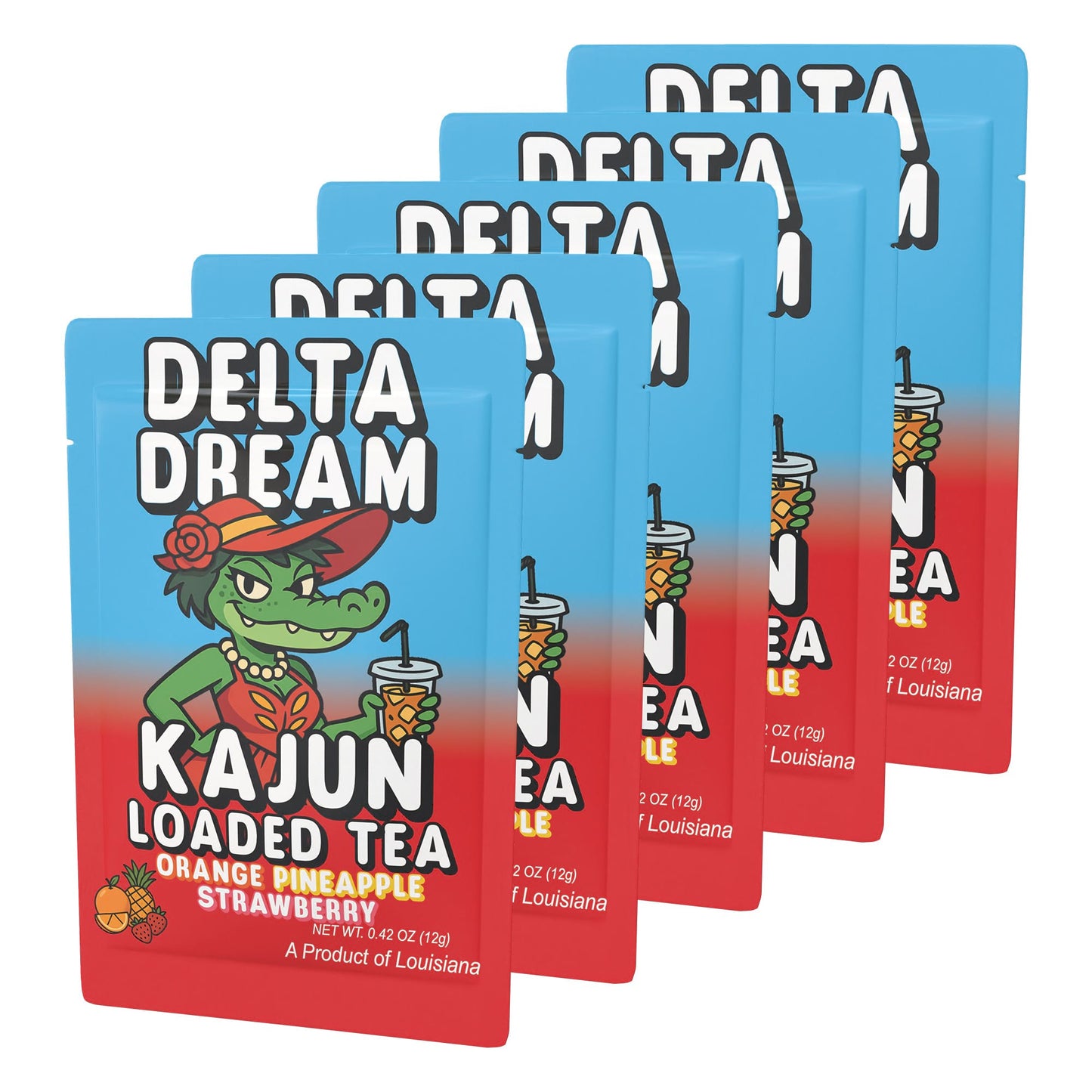 This image shows a multi-pack of five Delta Dream packets fanned out for display. The packaging confirms the Orange, Pineapple, and Strawberry flavor.
