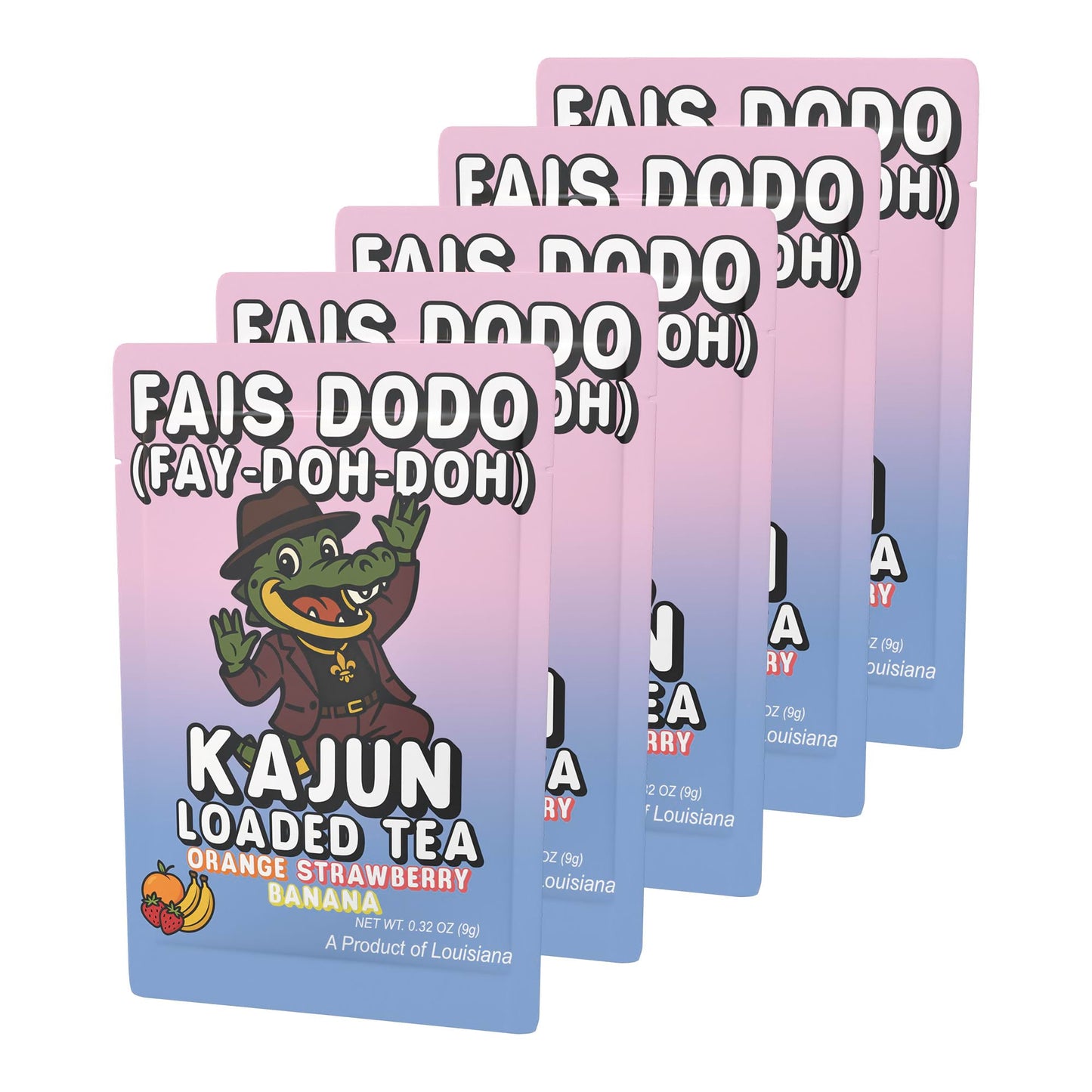 This image shows a multi-pack of five Fais Do-Do packets fanned out for display. The packaging confirms the Orange Strawberry Banana flavor.