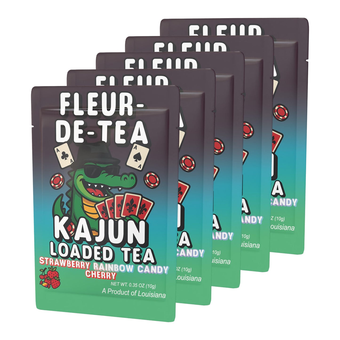 Five Fleur-De-Tea packets fanned out in a retail display. The front packet shows the alligator mascot wearing a hat and holding playing cards and poker chips.