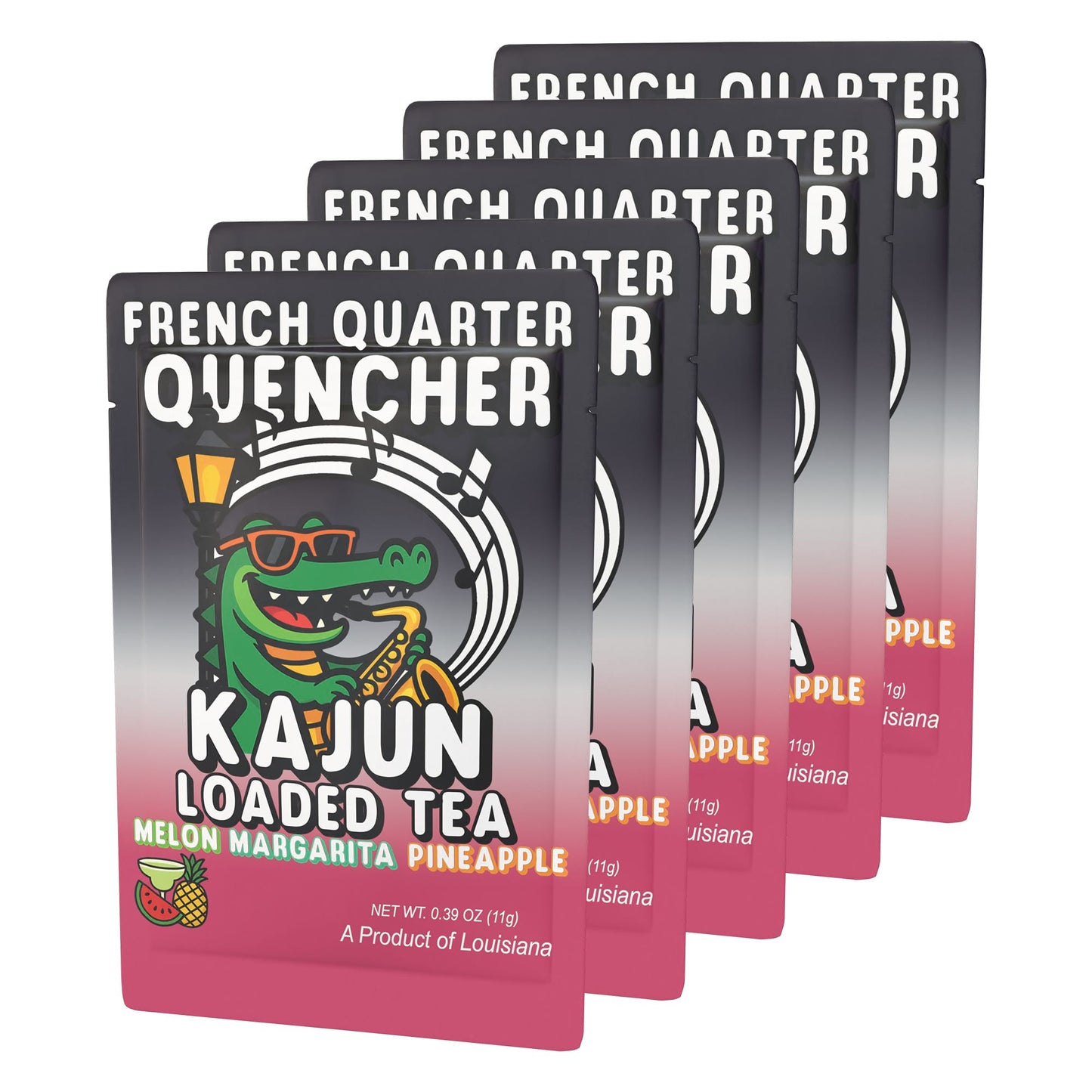 A product shot showing five French Quarter Quencher packets fanned out.