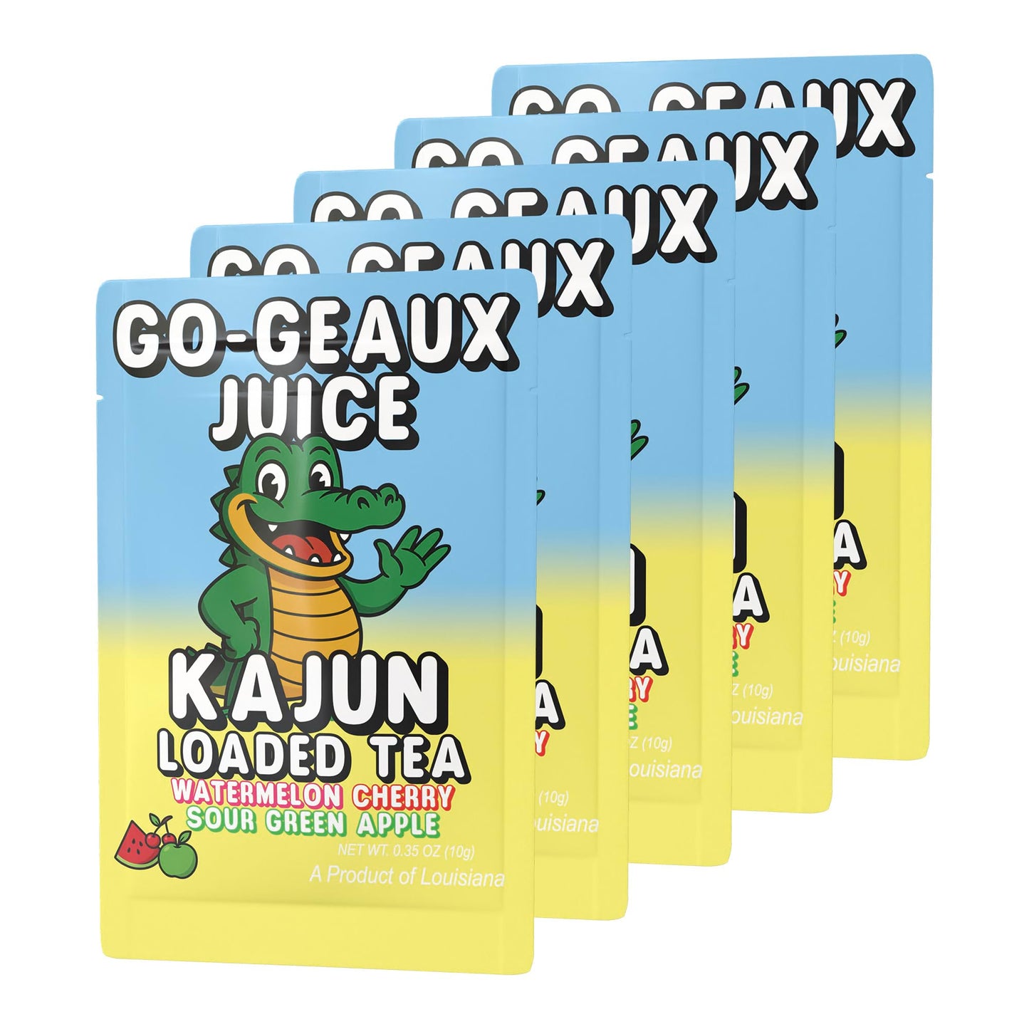 A product shot of five Go-Geaux Juice packets fanned out.