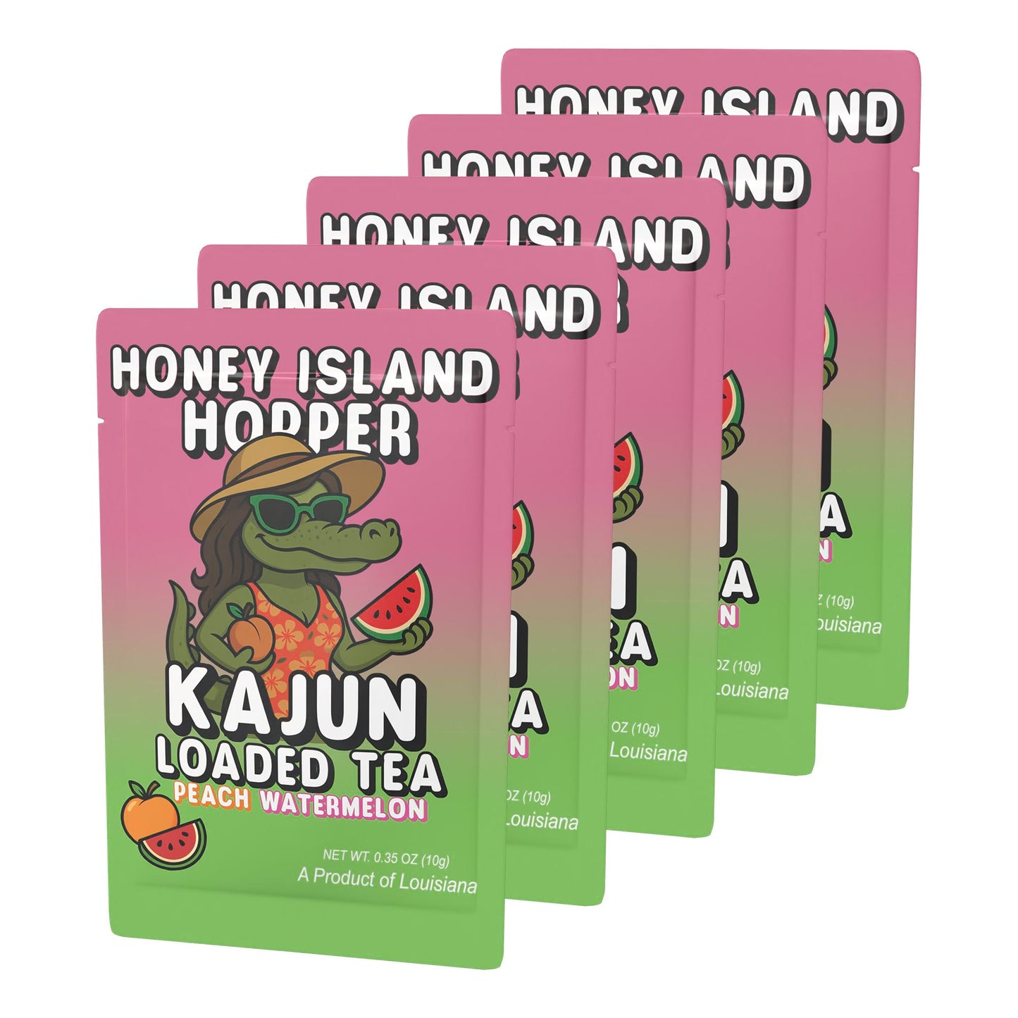 Five packets of Honey Island Hopper stacked in a retail display, featuring the alligator mascot wearing a sunhat, holding a peach and a watermelon slice.