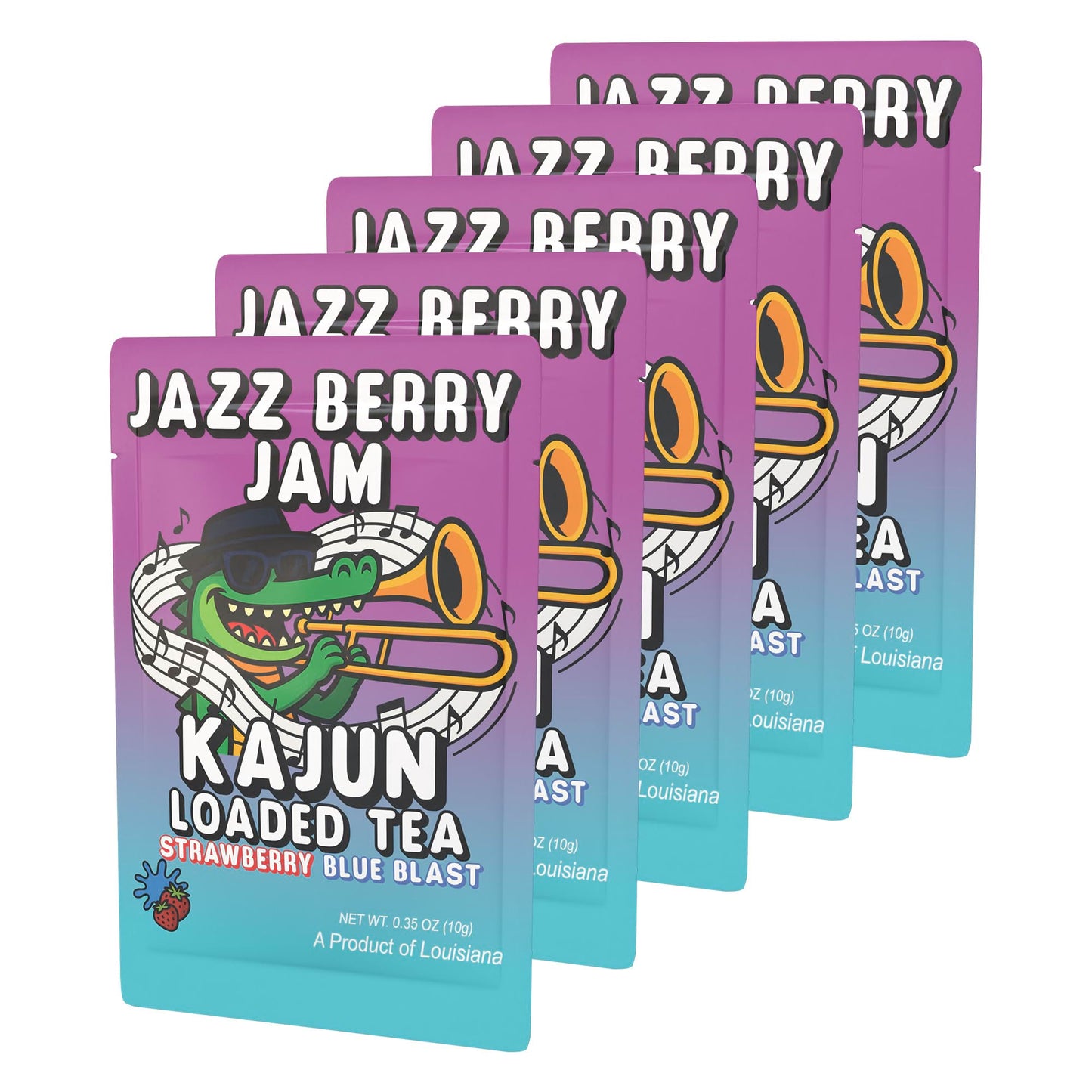 Five packets of Jazz Berry Jam stacked in a retail display, featuring the alligator mascot wearing a fedora and playing a trombone.
