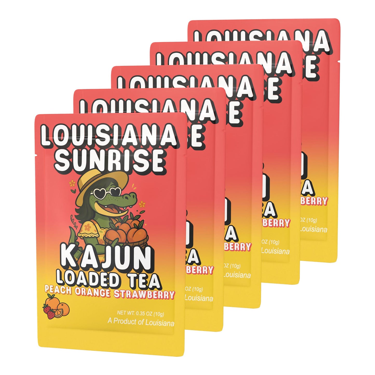 Five packets of Louisiana Sunrise Kajun Loaded Tea arranged in a fan pattern, showing the peach, orange, and strawberry flavor design.