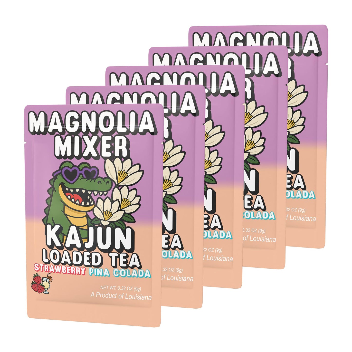 A display of five Magnolia Mixer packets in soft purple and peach tones, highlighting the strawberry piña colada flavor.