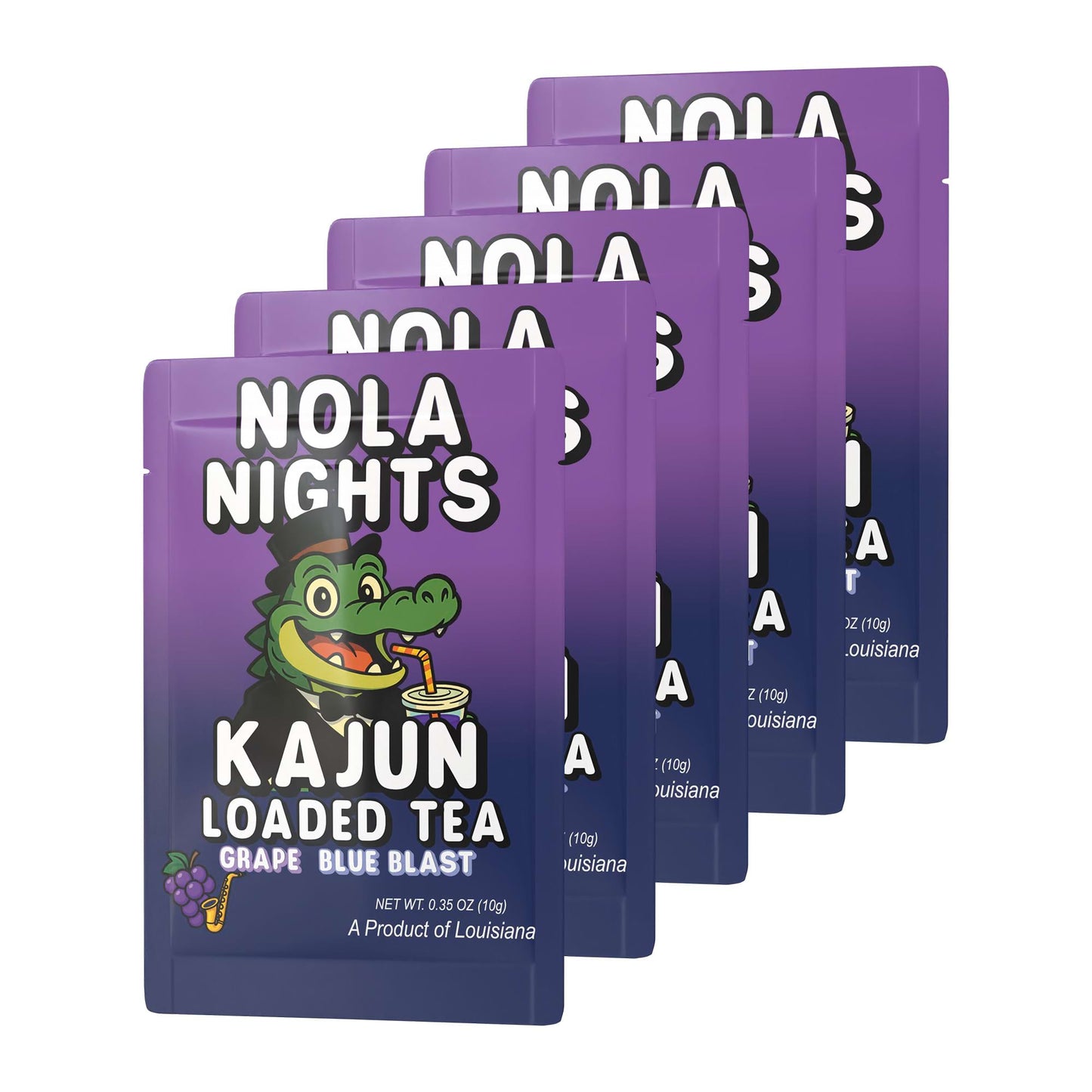 Five packets of Nola Nights stacked in a retail display, featuring the alligator mascot wearing a fedora and suit jacket, ready for a night out.