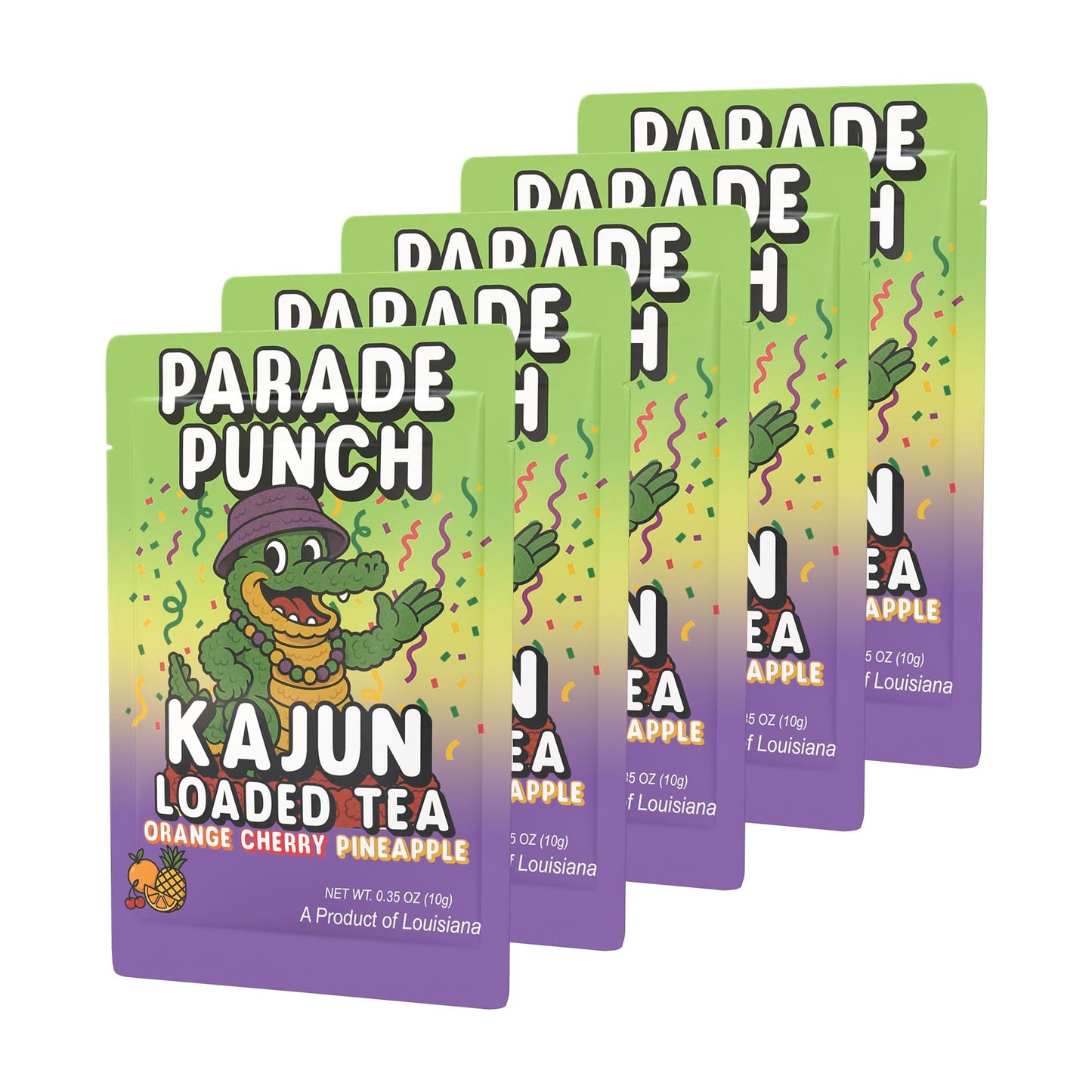 Five packets of Parade Punch stacked in a retail display, featuring the alligator mascot in a hat, wearing Mardi Gras beads and surrounded by confetti.