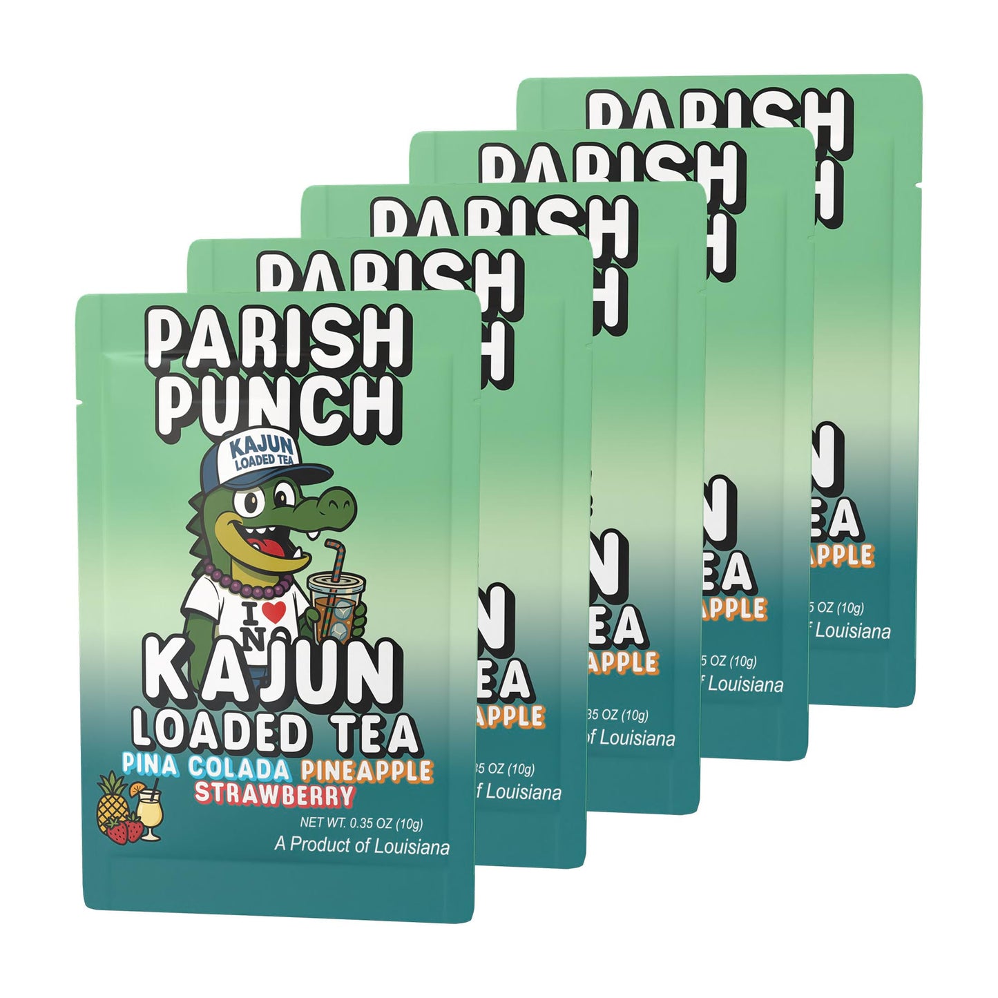 Five packets of Parish Punch stacked in a retail display, featuring the alligator mascot wearing a shirt and a cap.
