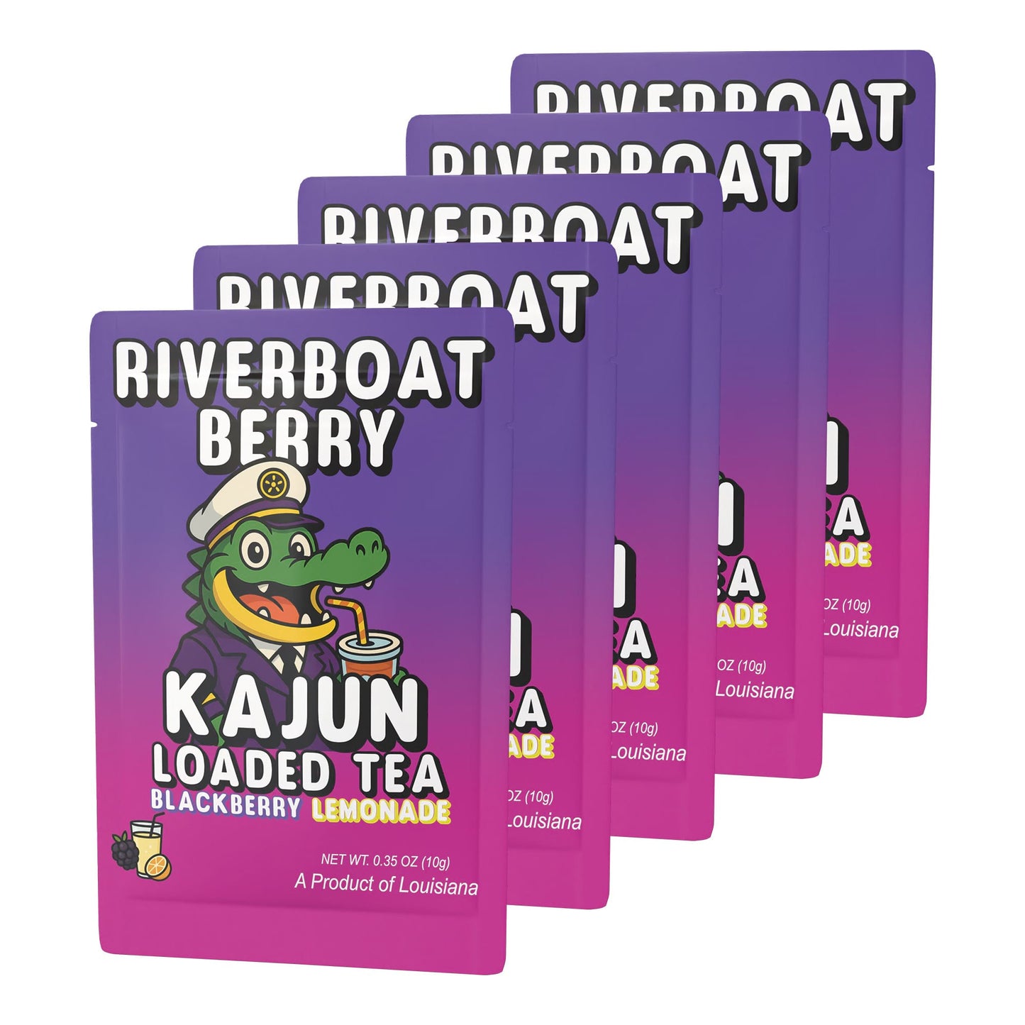 Five packets of Riverboat Berry stacked in a retail display, featuring the alligator mascot dressed in a pilot's cap and suit jacket.