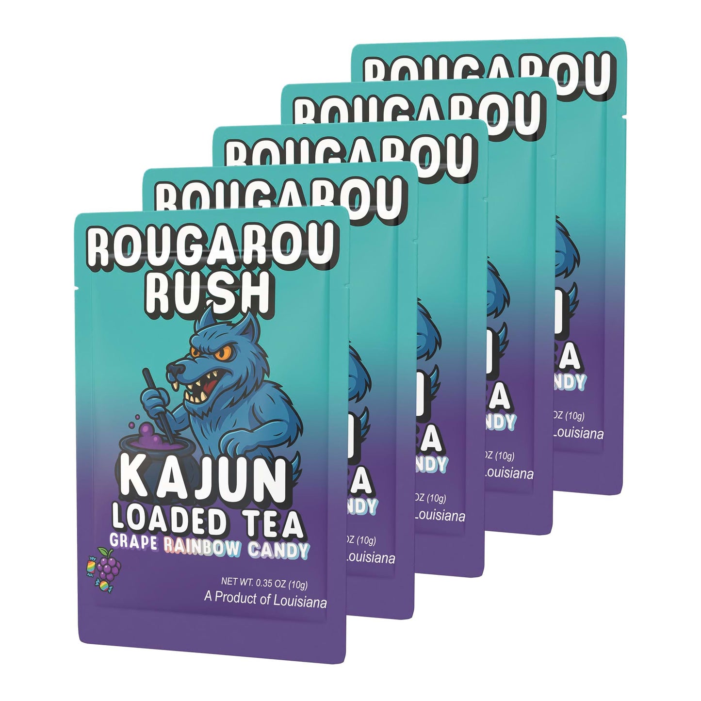 Five packets of Rougarou Rush stacked in a retail display, featuring the blue werewolf-like creature stirring a cauldron.