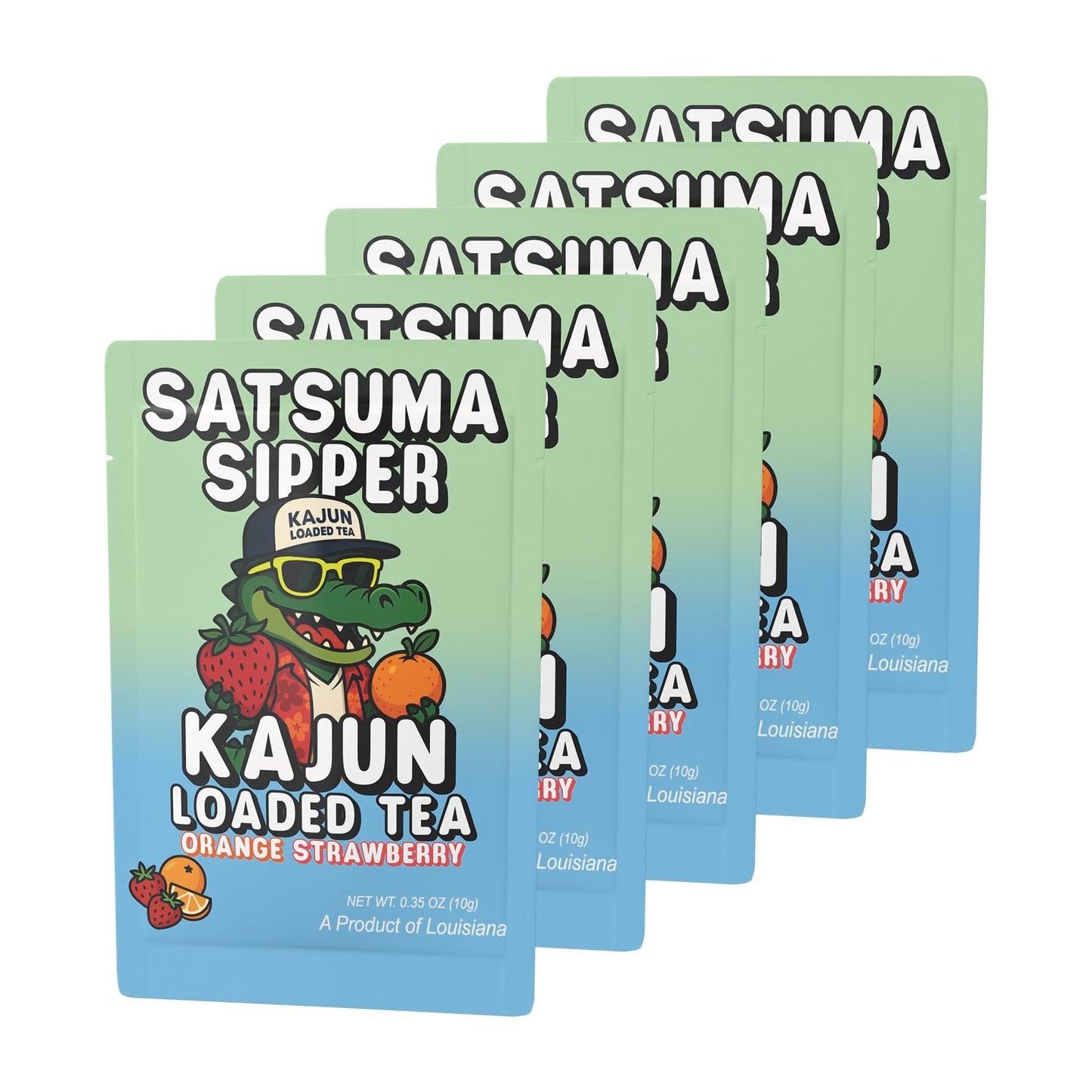 Five packets of Satsuma Sipper stacked in a retail display, featuring the alligator mascot wearing a cap, holding a strawberry and a satsuma orange.