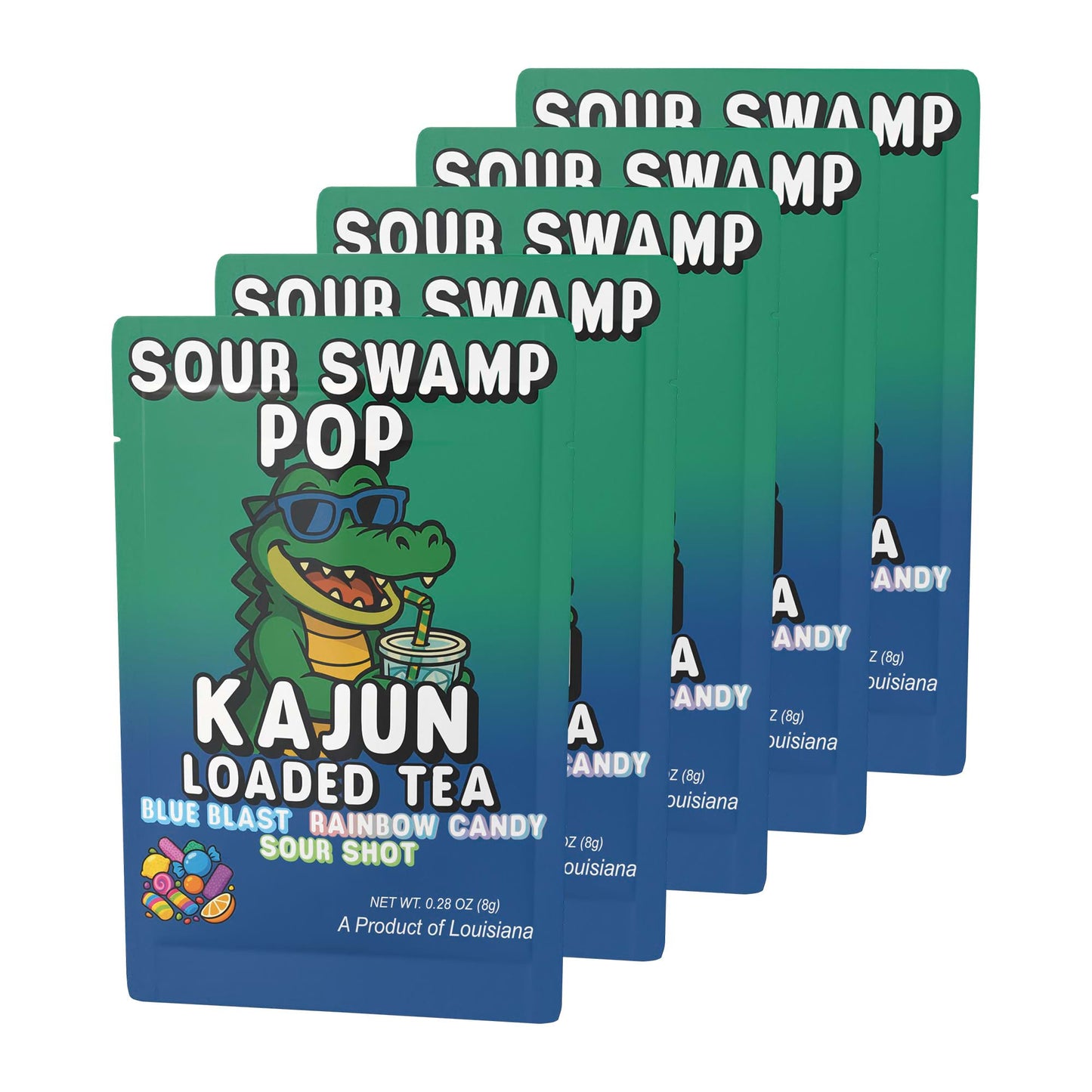 Five packets of Sour Swamp Pop stacked in a retail display, featuring the alligator mascot in sunglasses, drinking from a cup.