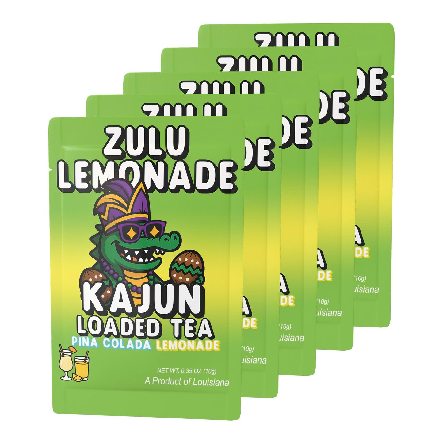 Five packets of Zulu Lemonade stacked in a retail display, featuring the alligator mascot in a purple and green Mardi Gras costume, holding a painted coconut.