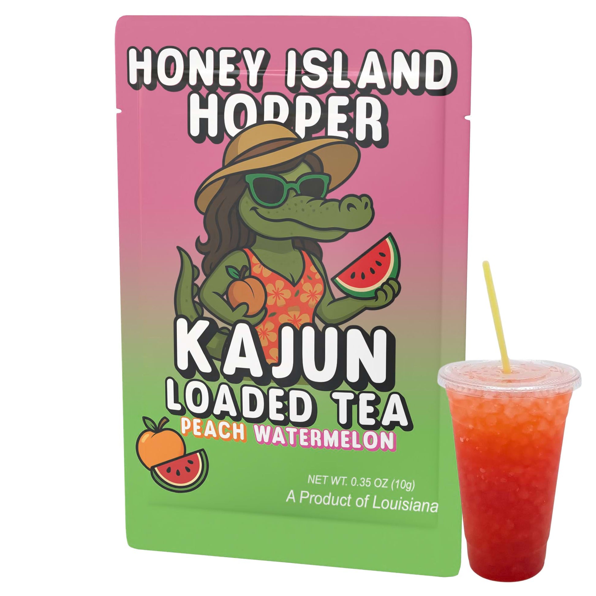 The single Honey Island Hopper packet and a cup of the layered red and orange loaded tea, showcasing the alligator mascot and the Peach Watermelon flavor.