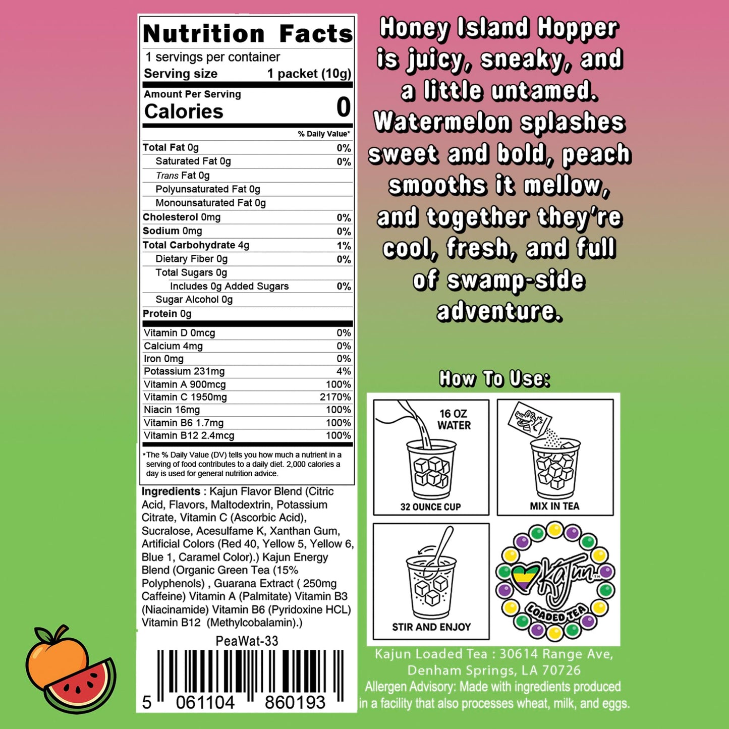 Nutrition Facts panel showing 0 Calories, 0 Sugar, 1950mg Vitamin C, plus instructions and flavor text for the Peach Watermelon loaded tea.