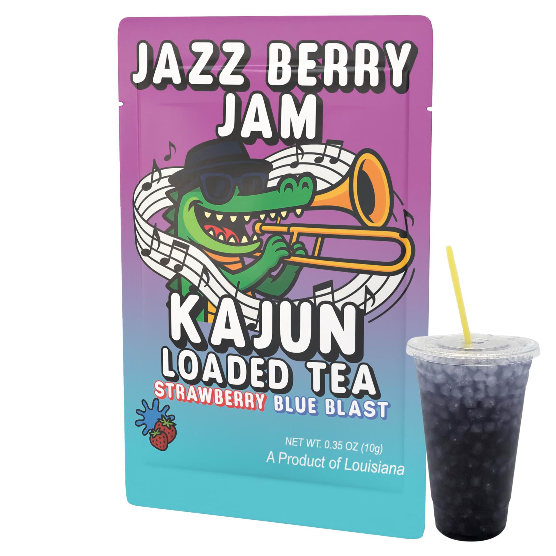 The single Jazz Berry Jam packet and a cup of the dark blue loaded tea, showcasing the alligator mascot and the Strawberry Blue Blast flavor.