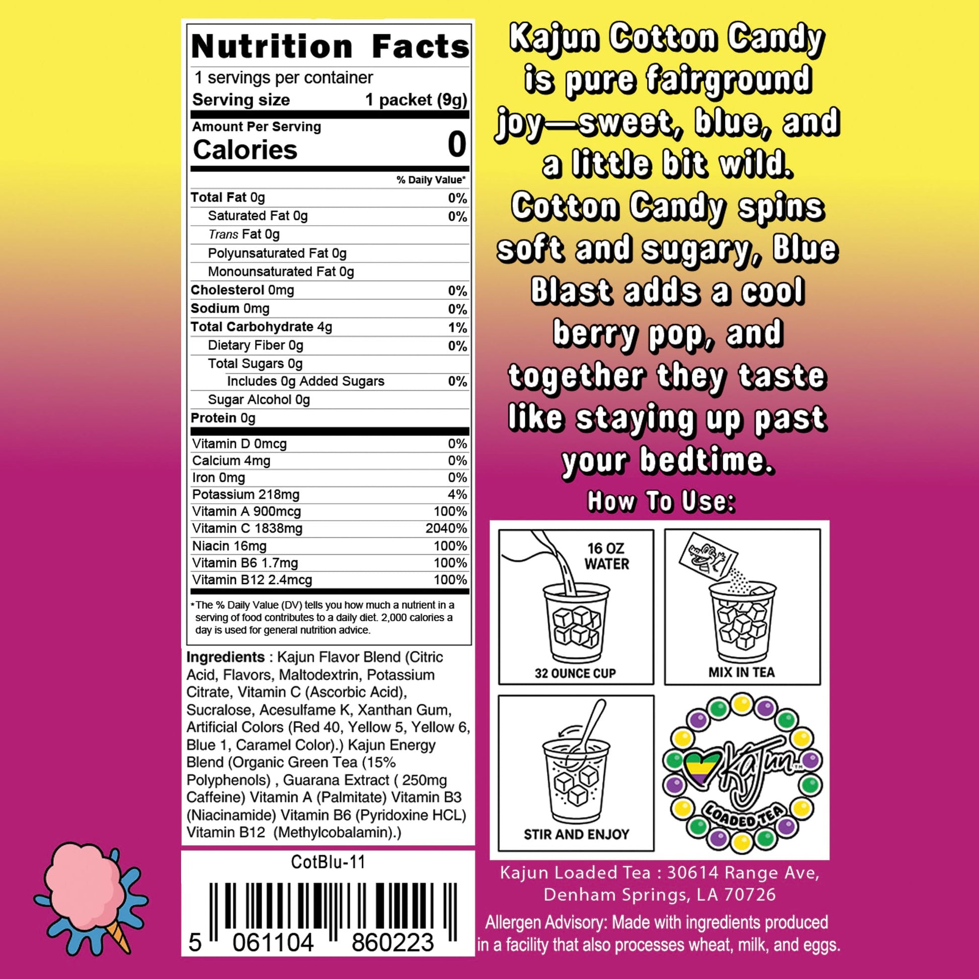 Nutrition label and product description for Kajun Cotton Candy on a colorful background.