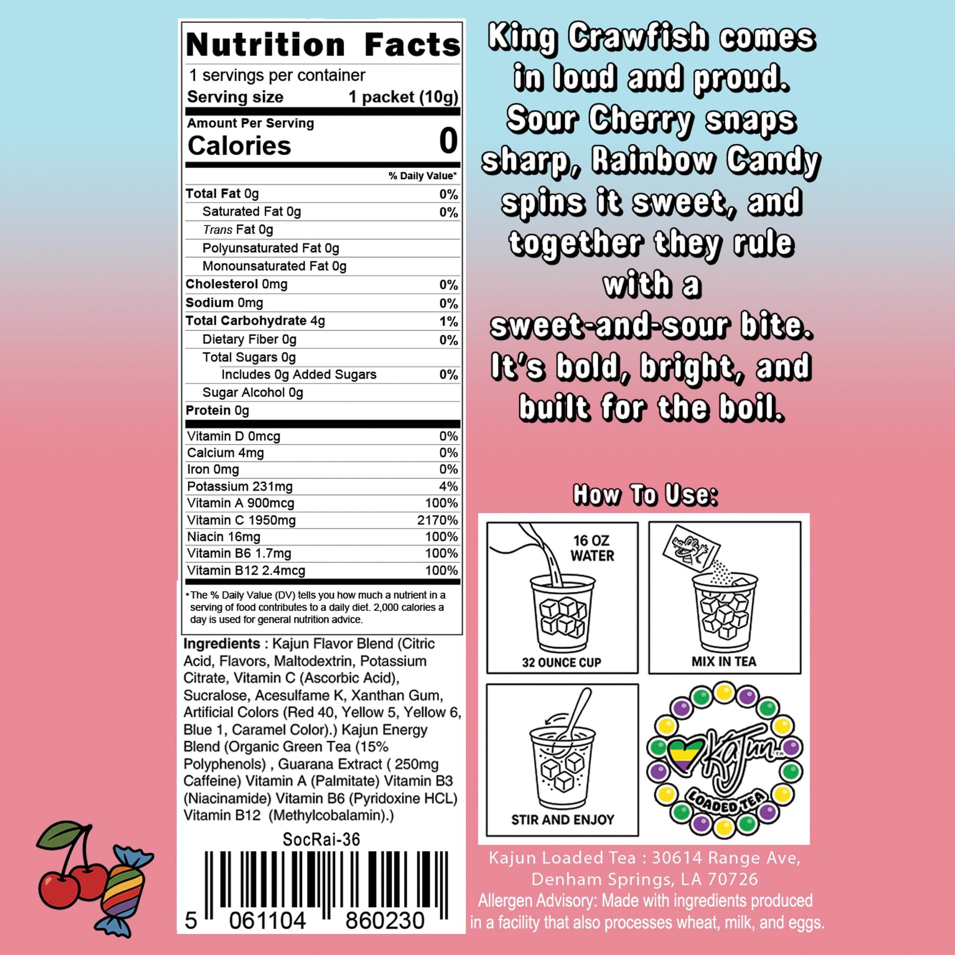 Nutrition Facts panel confirms 0 Calories, 0 Sugar, 1950mg Vitamin C, and contains instructions and flavor text for the Sour Cherry Rainbow Candy loaded tea.